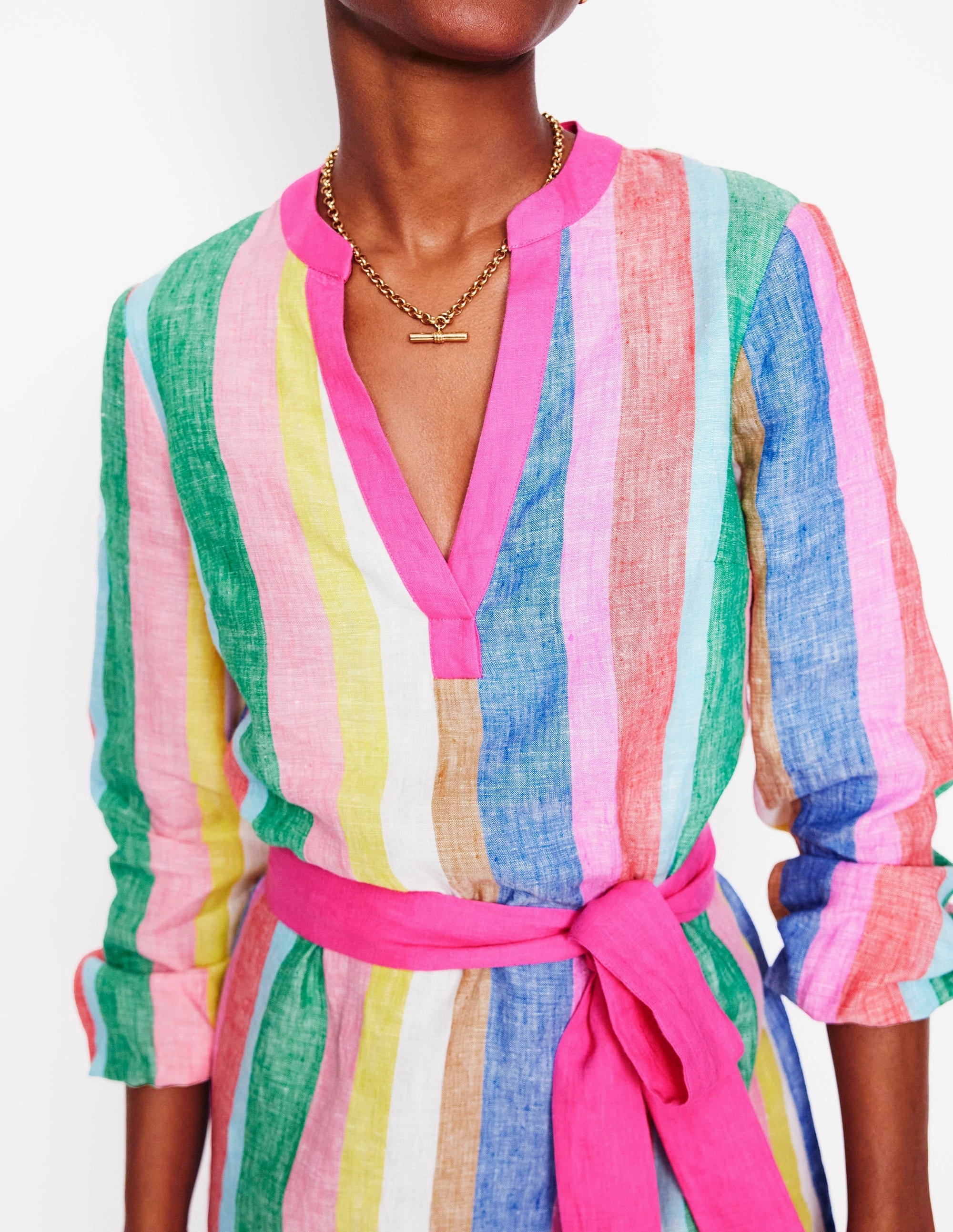 Cleo Linen Tie Waist Dress-Bright Rainbow Stripe Neutral-Shade Basic Fashion