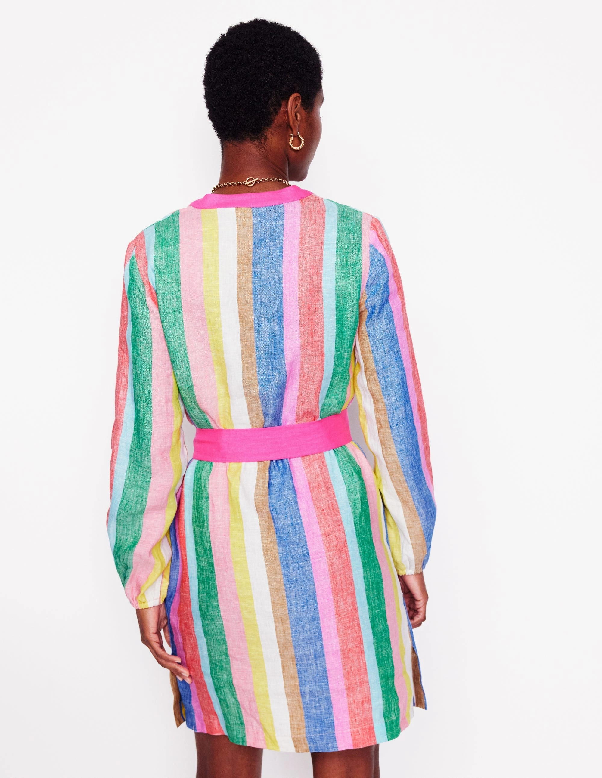 Cleo Linen Tie Waist Dress-Bright Rainbow Stripe Draped Silhouette Subtle Detail