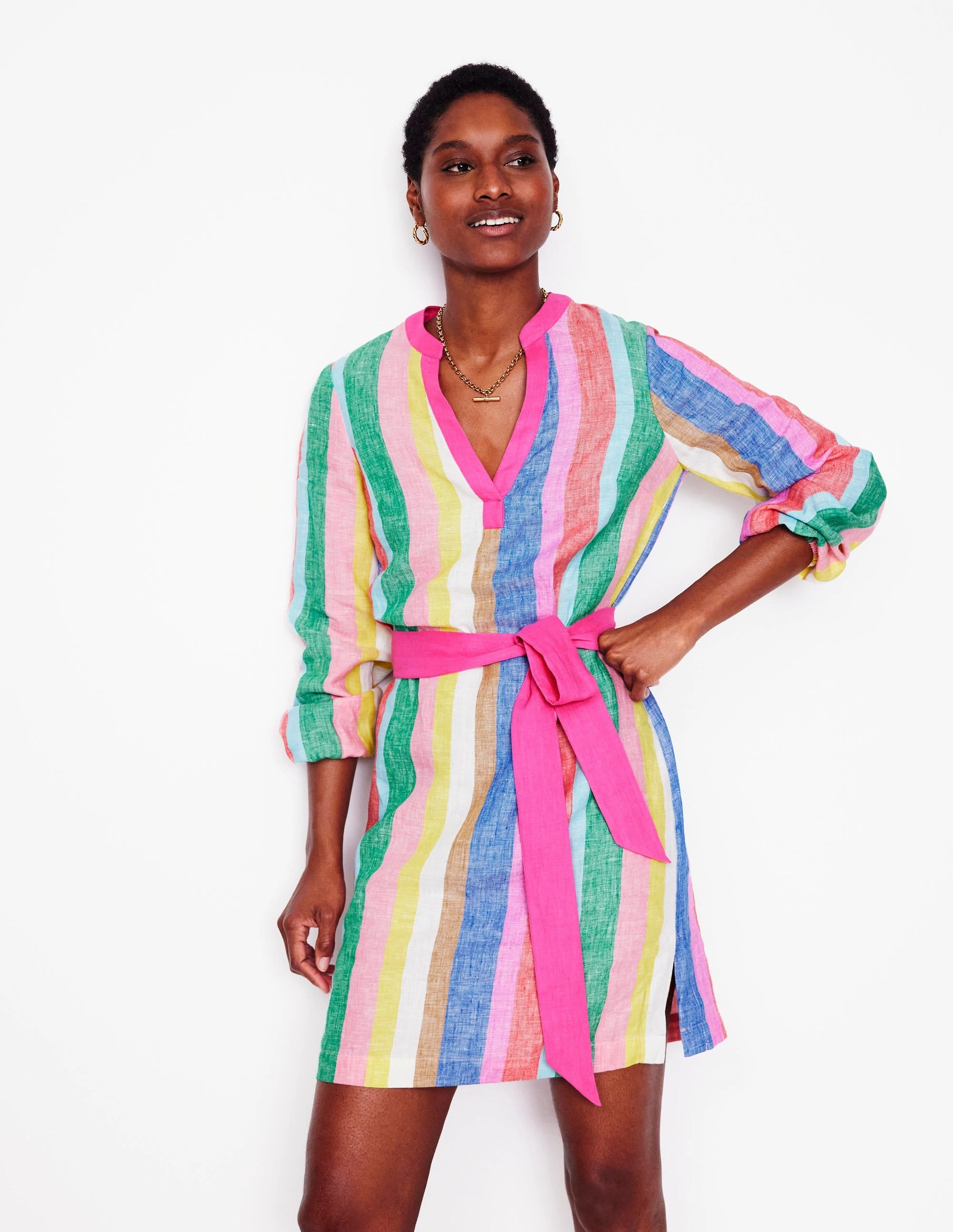 Cleo Linen Tie Waist Dress-Bright Rainbow Stripe FlexibleClosure
