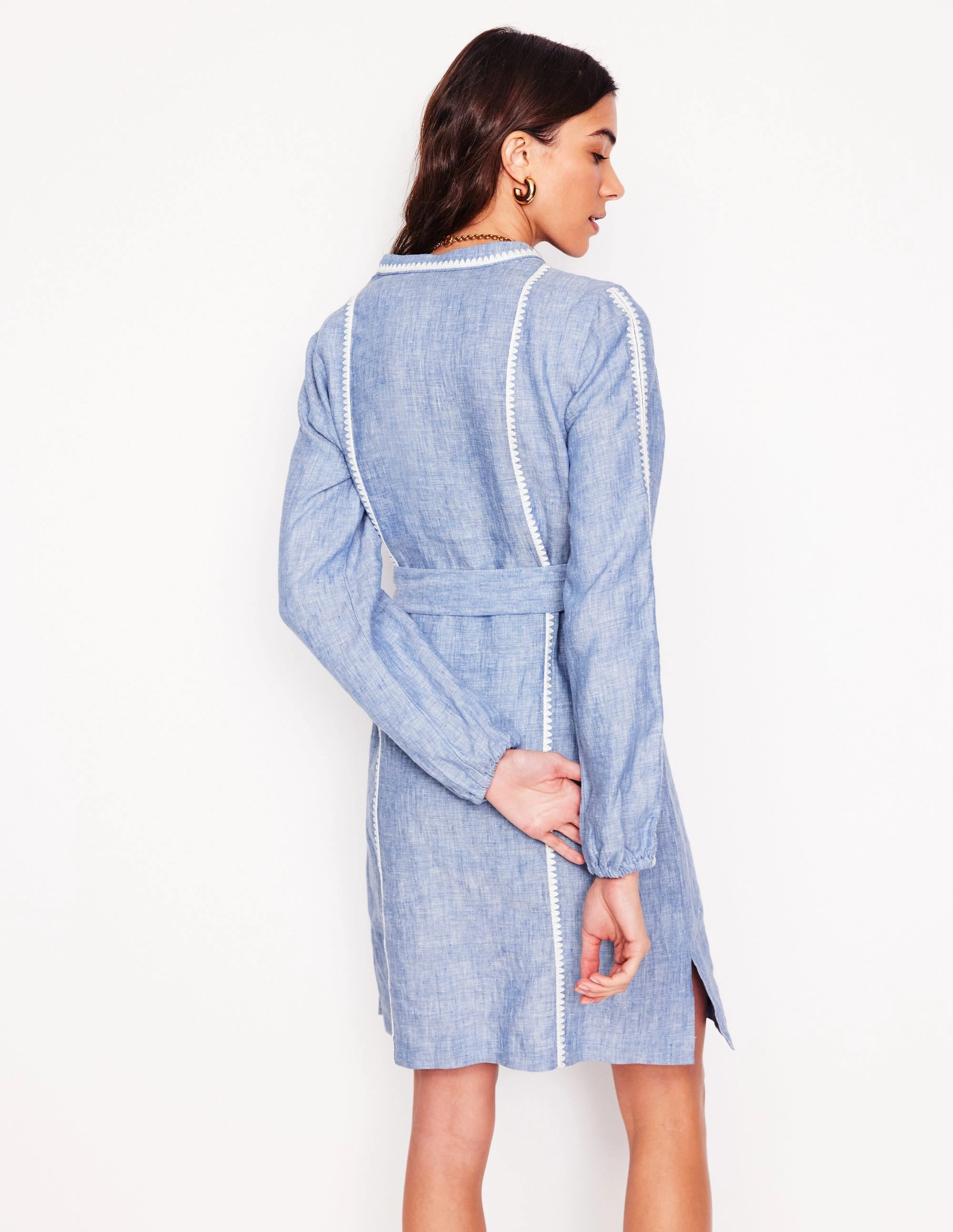 Cleo Linen Tie Waist Dress-Chambray Embroidery Maternity-Fit