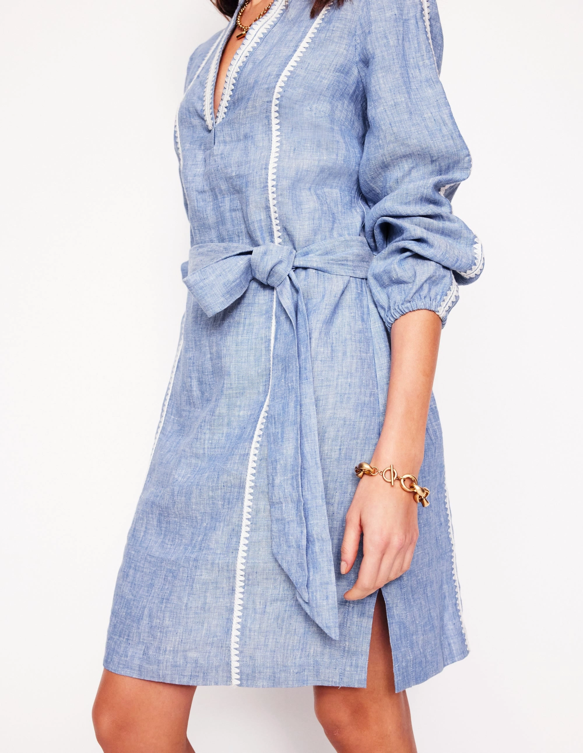 DoubleLayeredMaterial Light Appeal Cleo Linen Tie Waist Dress-Chambray Embroidery