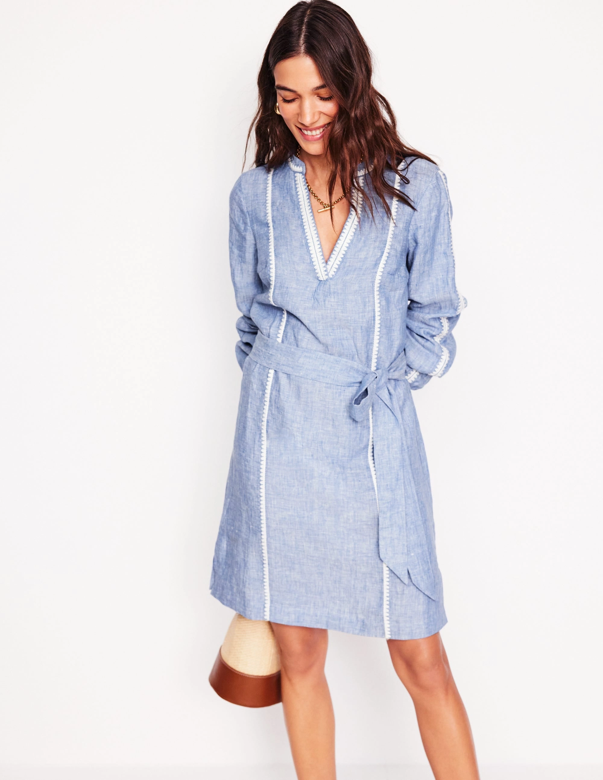 Earthy Hue Chic and Cozy Cleo Linen Tie Waist Dress-Chambray Embroidery