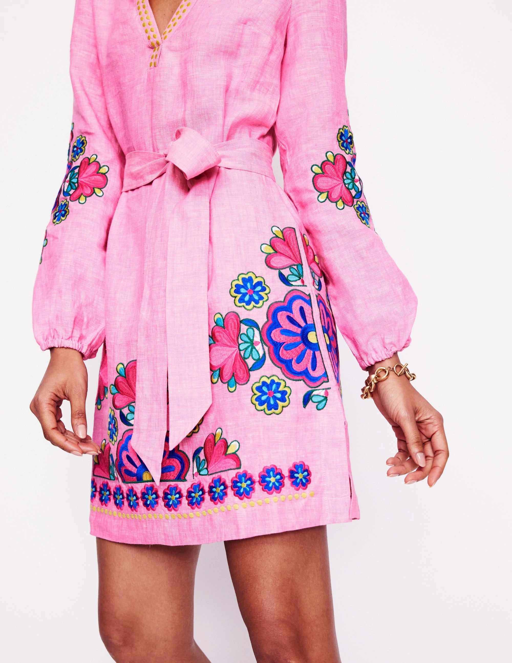 Soft Appeal Wrap style Cleo Linen Tie Waist Dress-Pink Chambray Embroidery