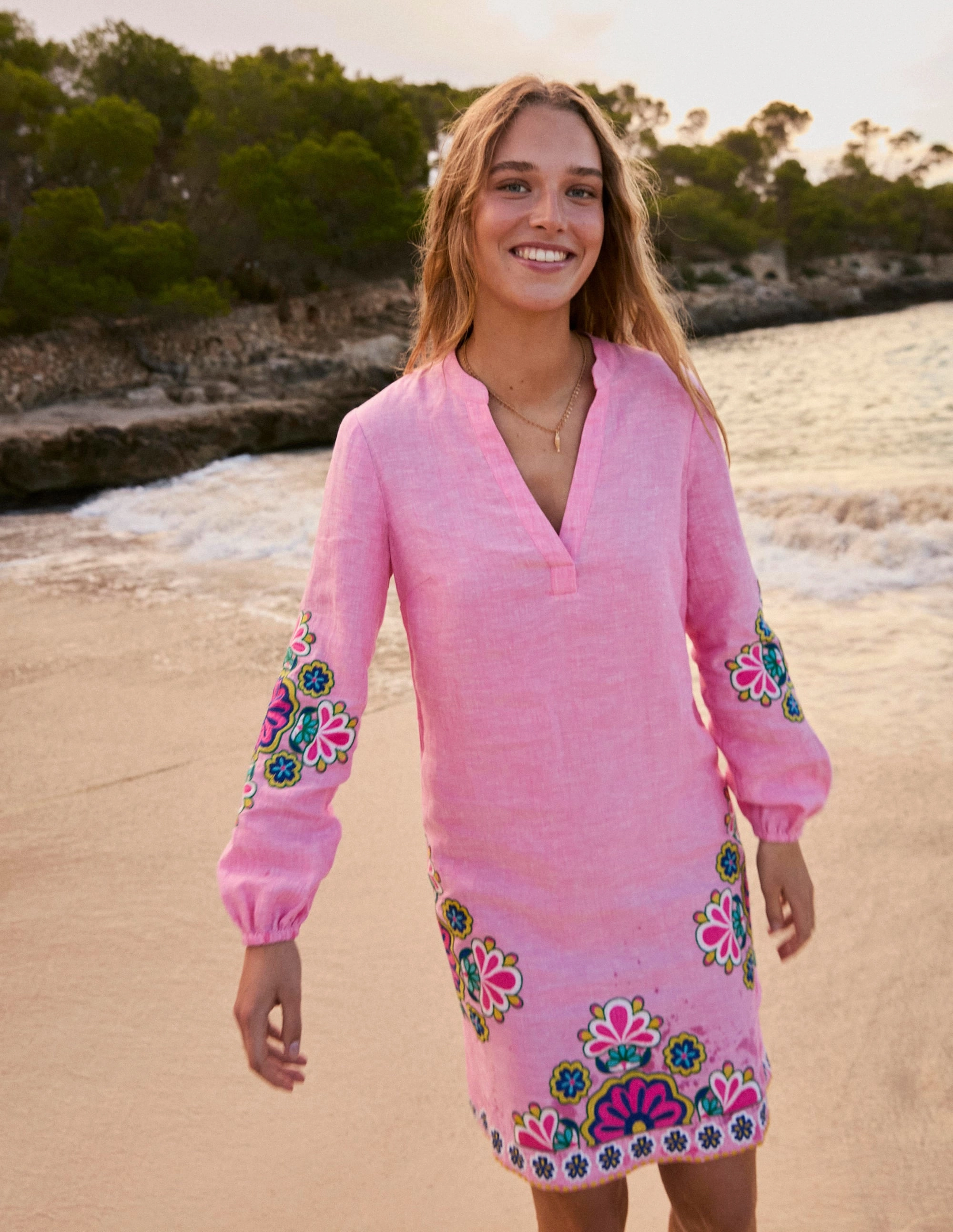 Pleated design Sleek Drape Cleo Linen Tie Waist Dress-Pink Chambray Embroidery