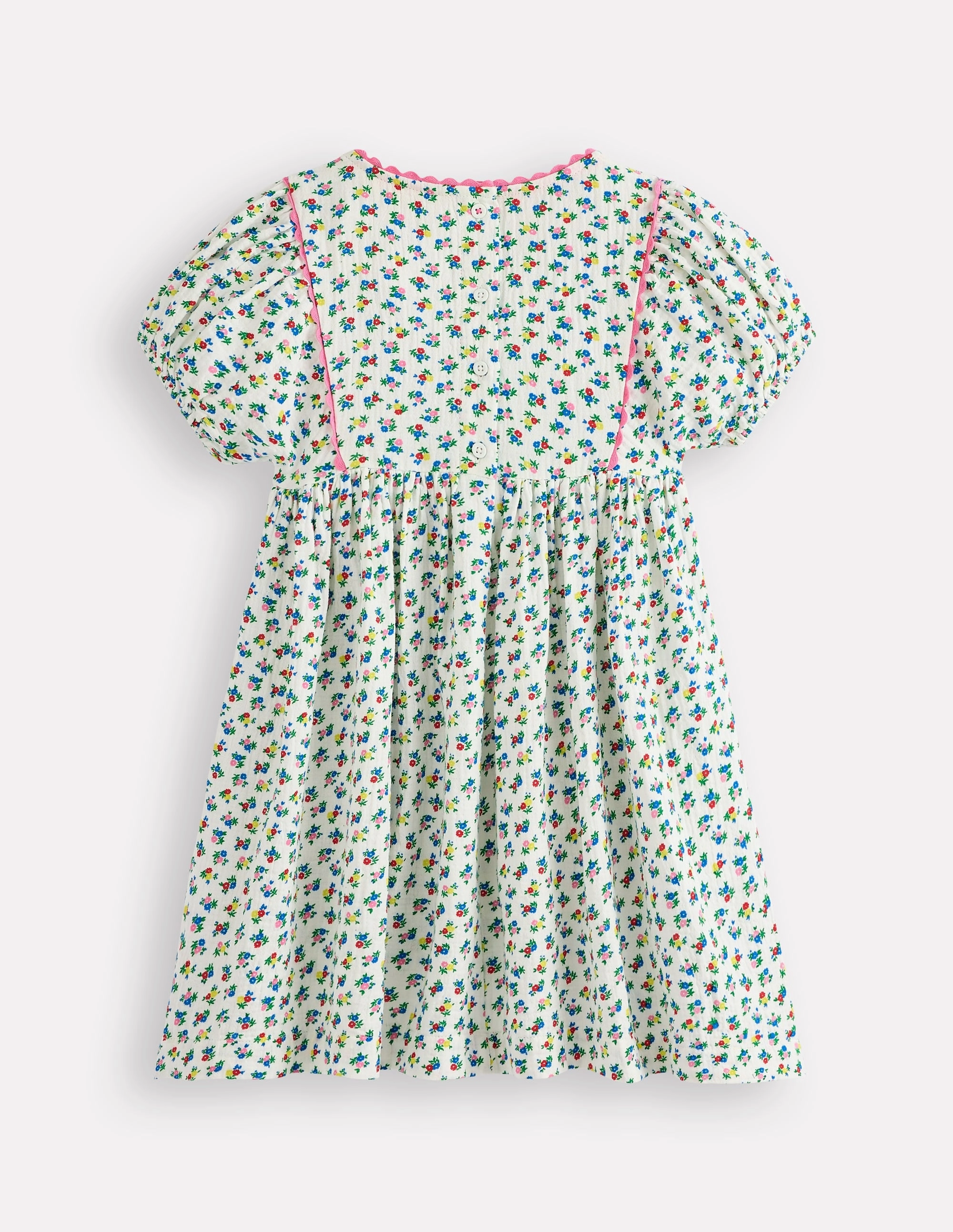 Belt Waist Lounge Mood Puff Sleeve Double Cloth Dress-Soft Ivory Ditsy Floral