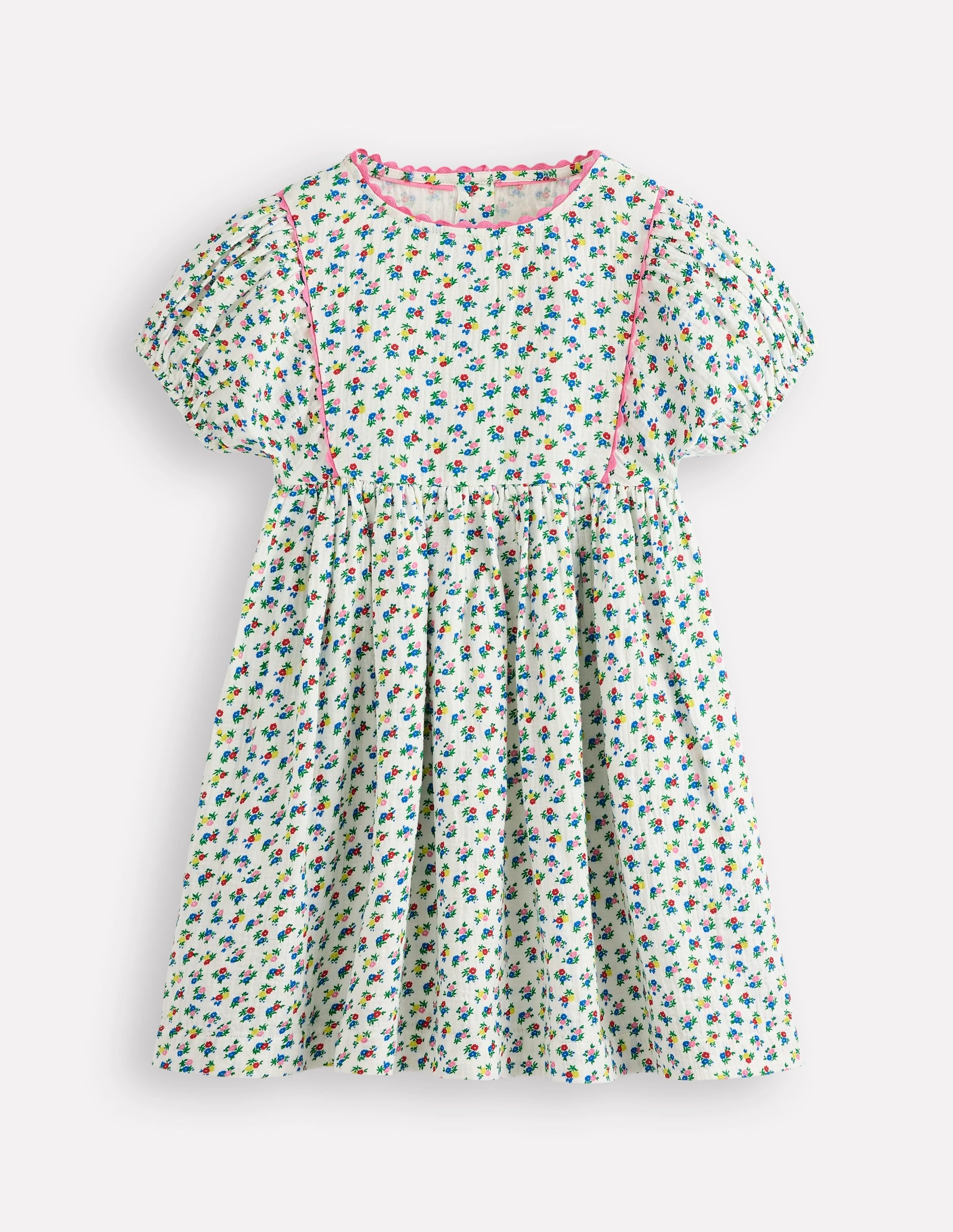 Raglan-Sleeve Work or Casual Puff Sleeve Double Cloth Dress-Soft Ivory Ditsy Floral