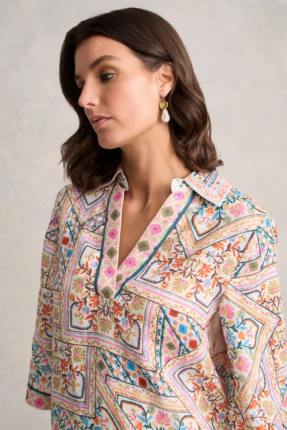 Collared Kaftan - Tile Print Airy Mesh Lining