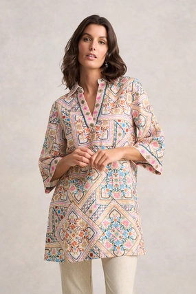 Vintage Shirt Collared Kaftan - Tile Print