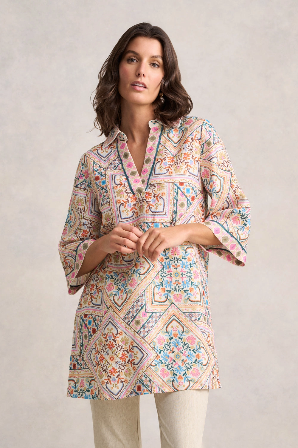 Vintage Shirt Collared Kaftan - Tile Print
