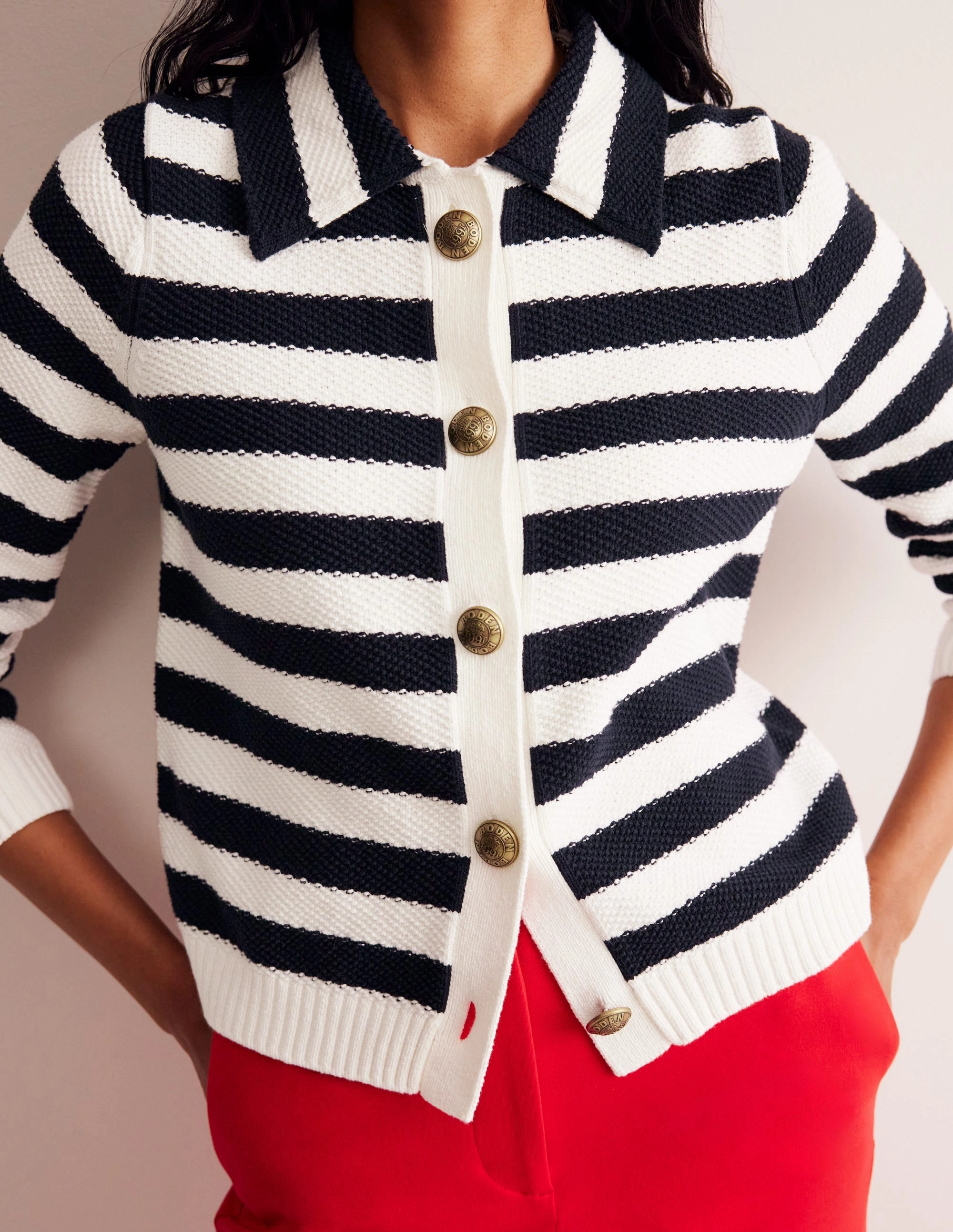 Minimal Casual Style Collared Knitted Cardigan-Navy/ Ivory