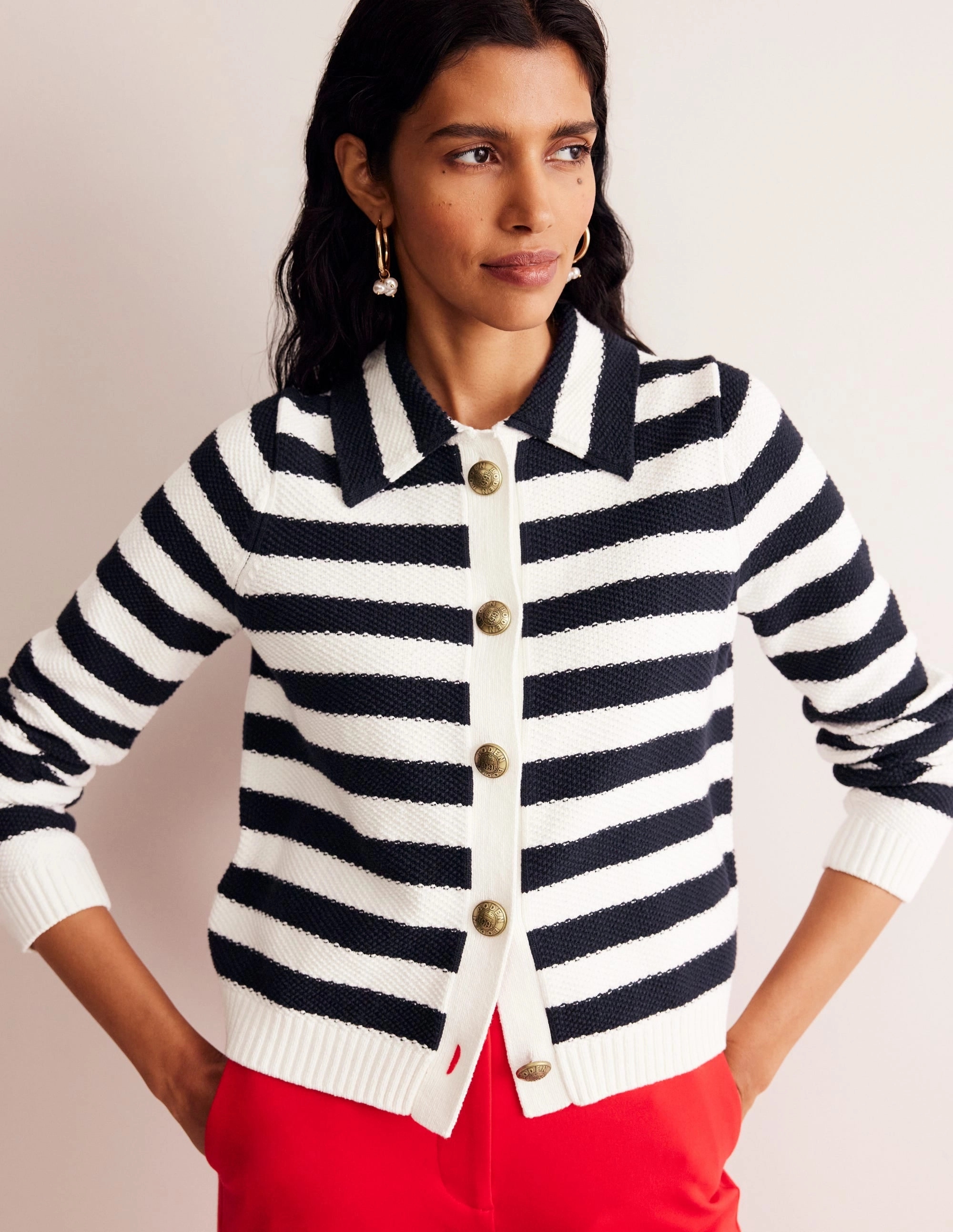 Collared Knitted Cardigan-Navy/ Ivory Elastic hemline