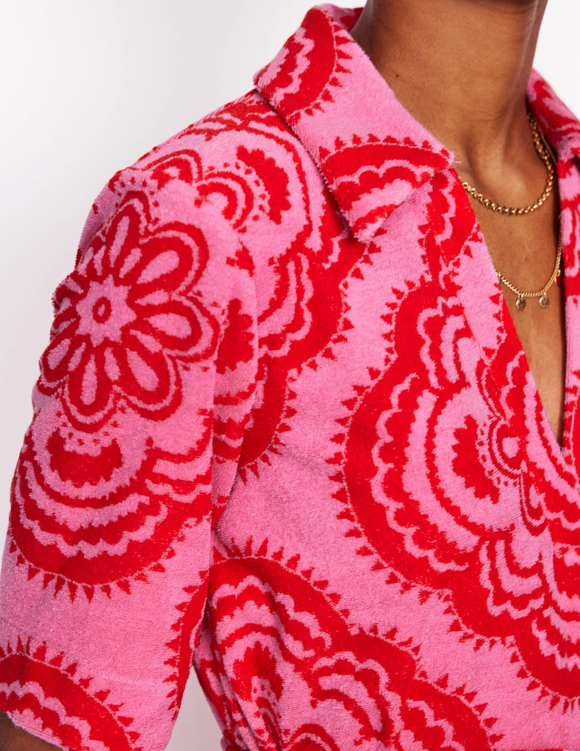 Collared Notch Towel Dress-Pink Rose, Botanic Blush Vibrant Look Velvet-Edge