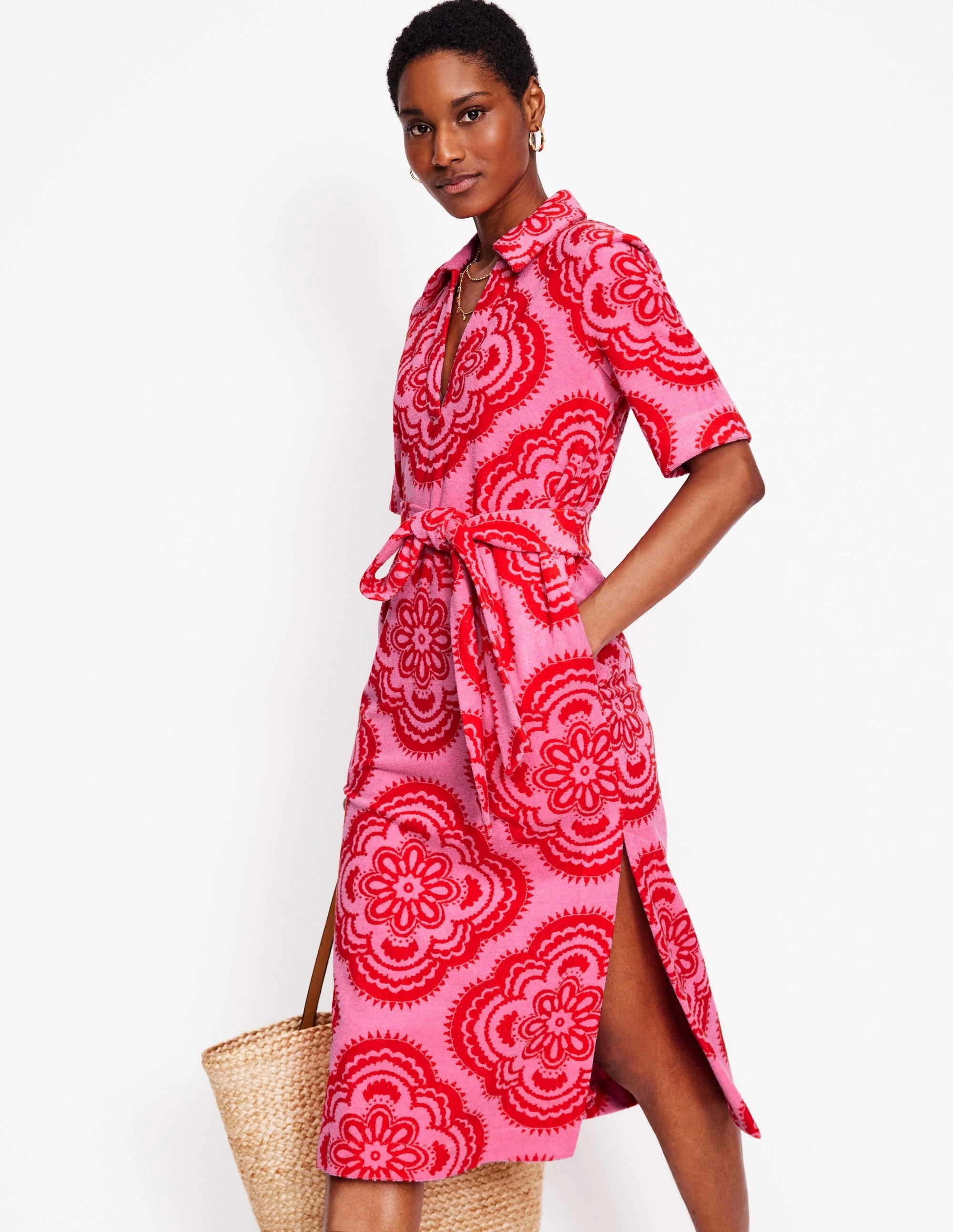 Collared Notch Towel Dress-Pink Rose, Botanic Blush Sharp Design