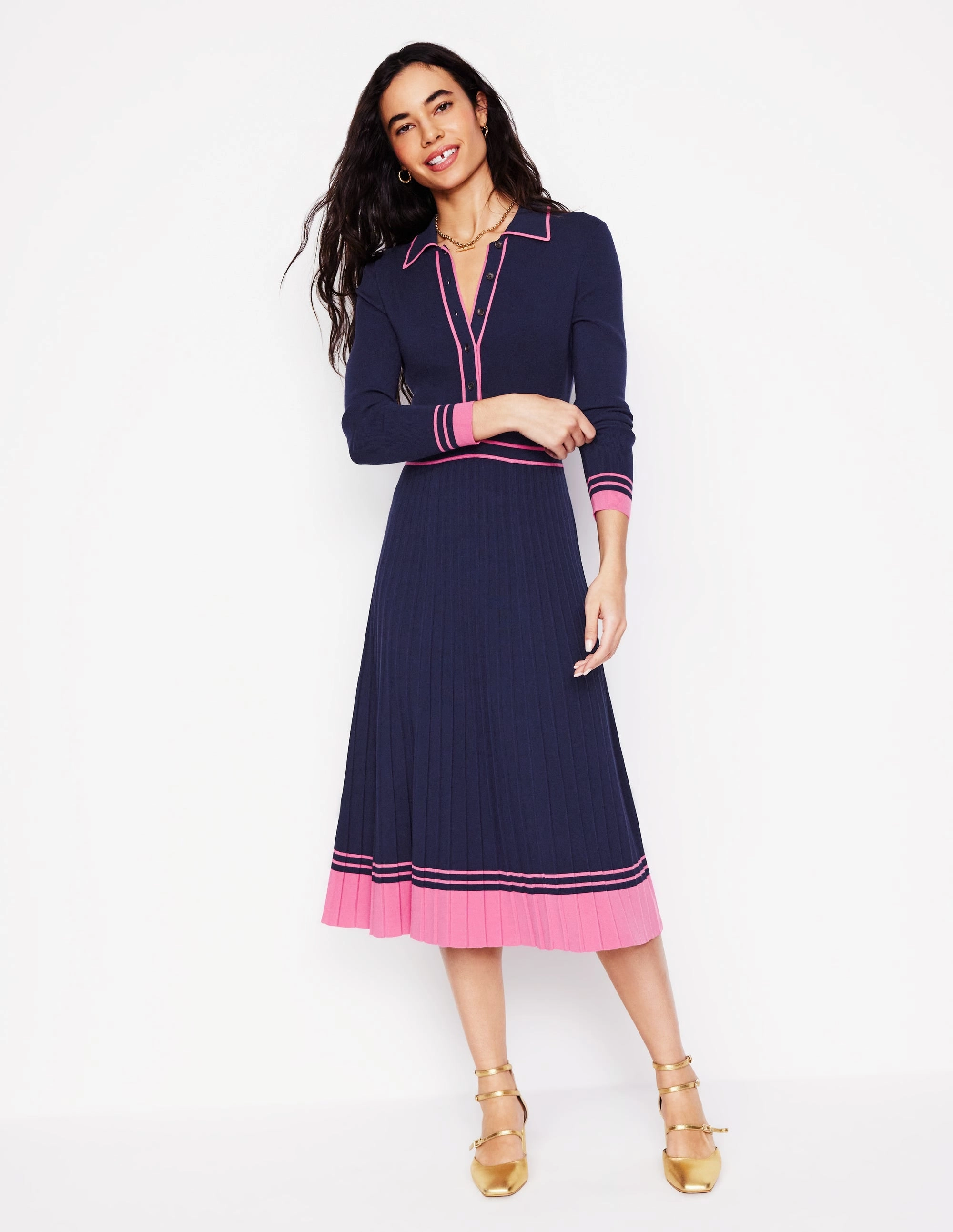 countryside Collared Pleated Knitted Dress-Navy/Pink Colourblock