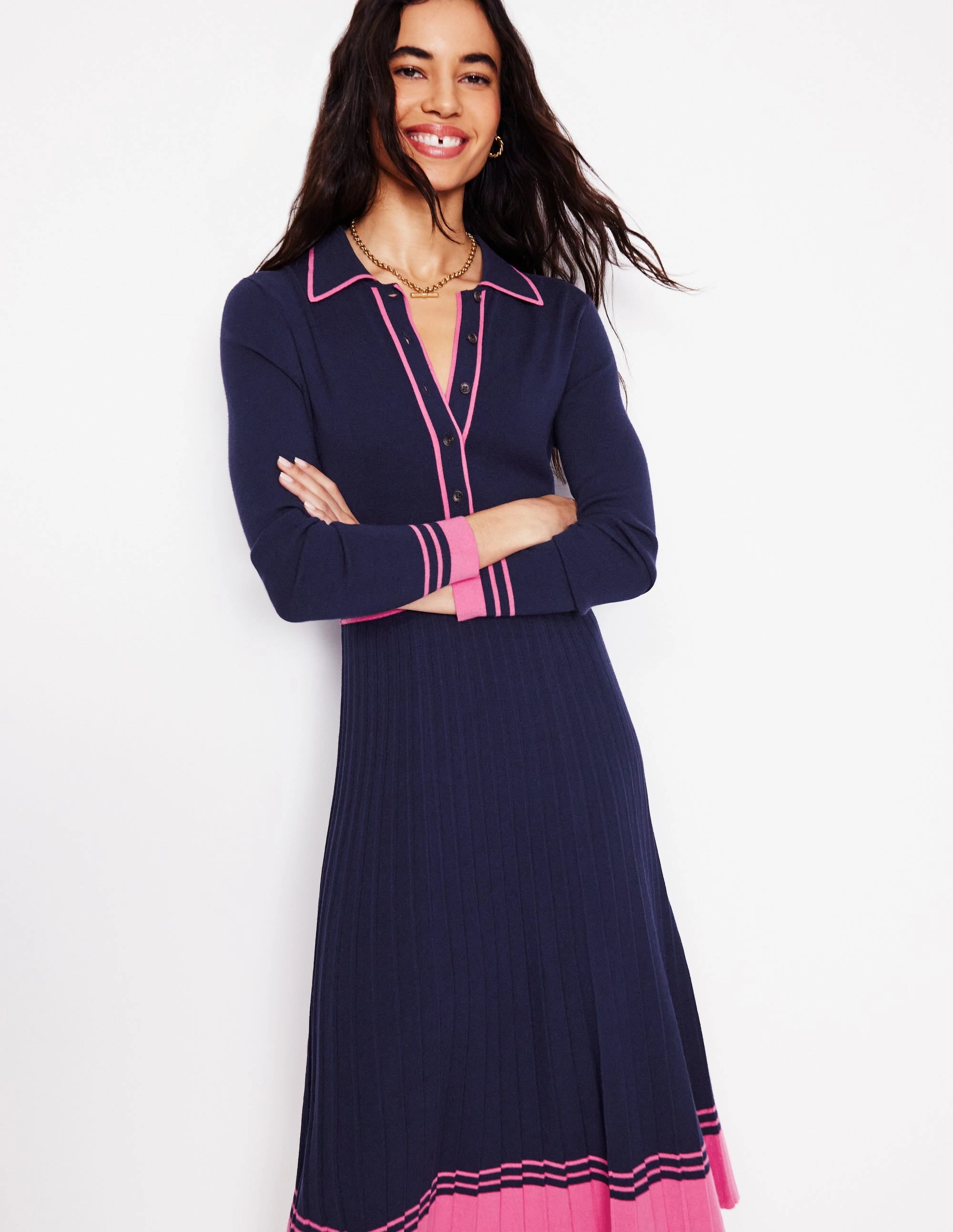 knee-length Clean Touch Collared Pleated Knitted Dress-Navy/Pink Colourblock