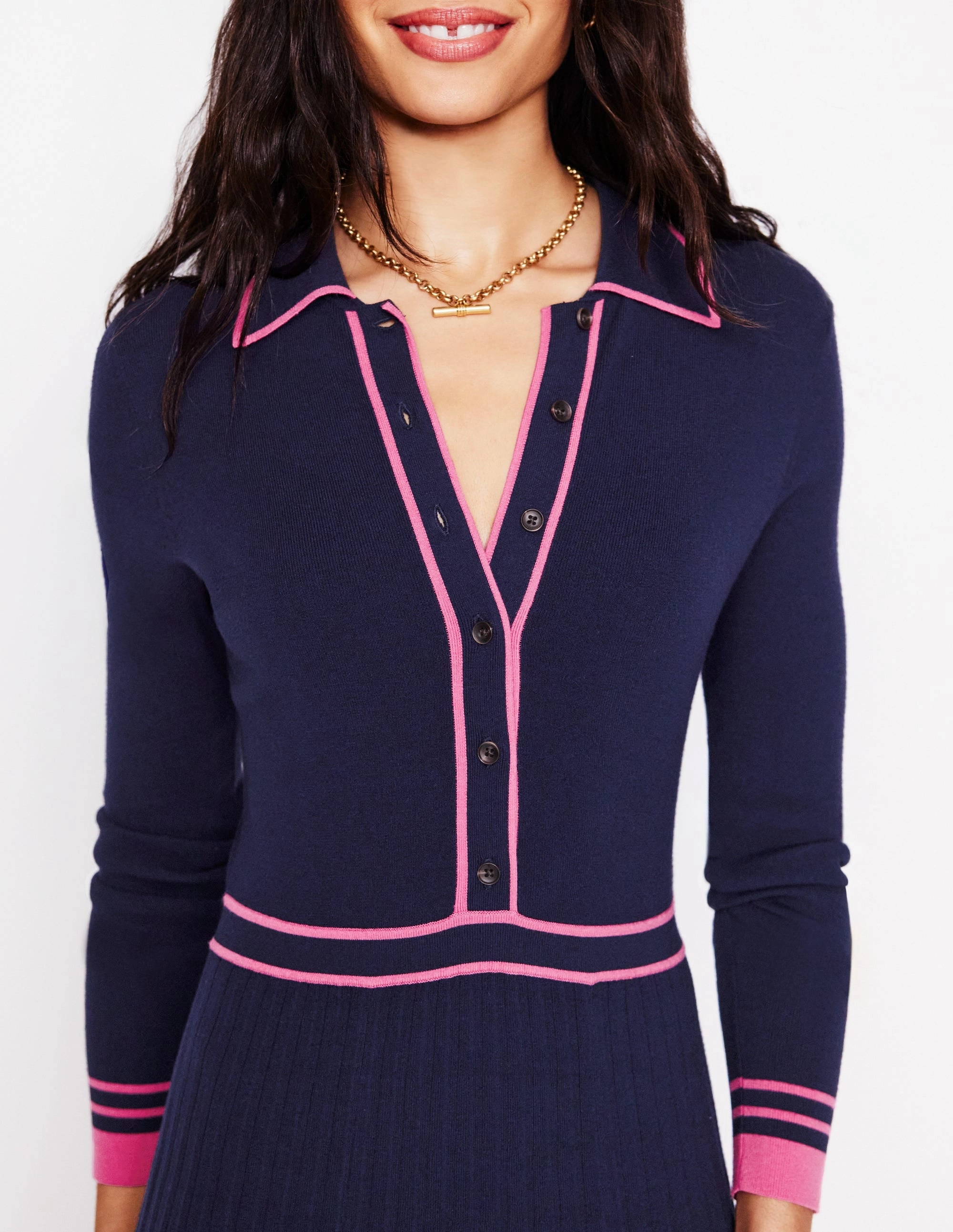 Collared Pleated Knitted Dress-Navy/Pink Colourblock Silky Touch Contrast-Lining