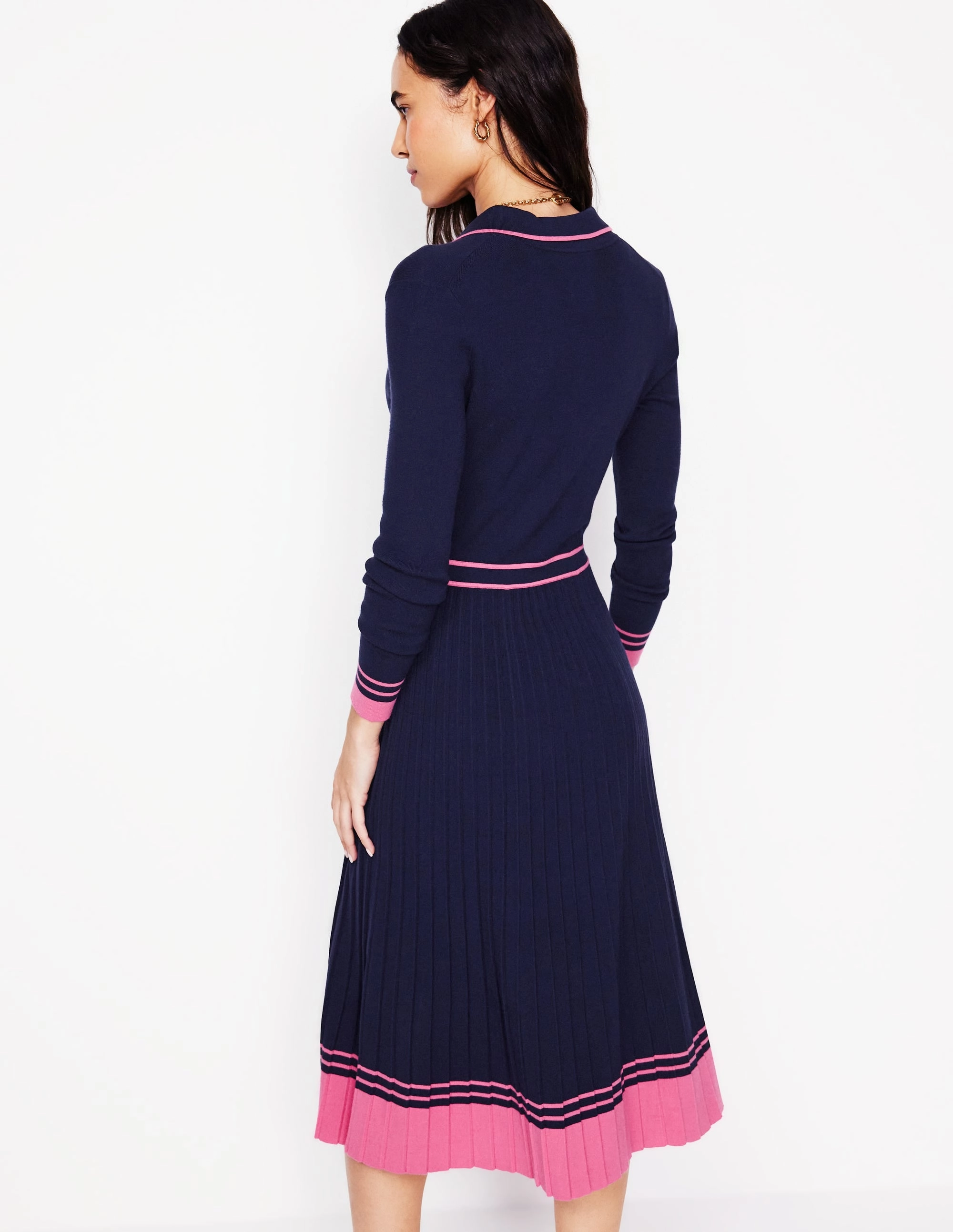 Playful Cut Collared Pleated Knitted Dress-Navy/Pink Colourblock