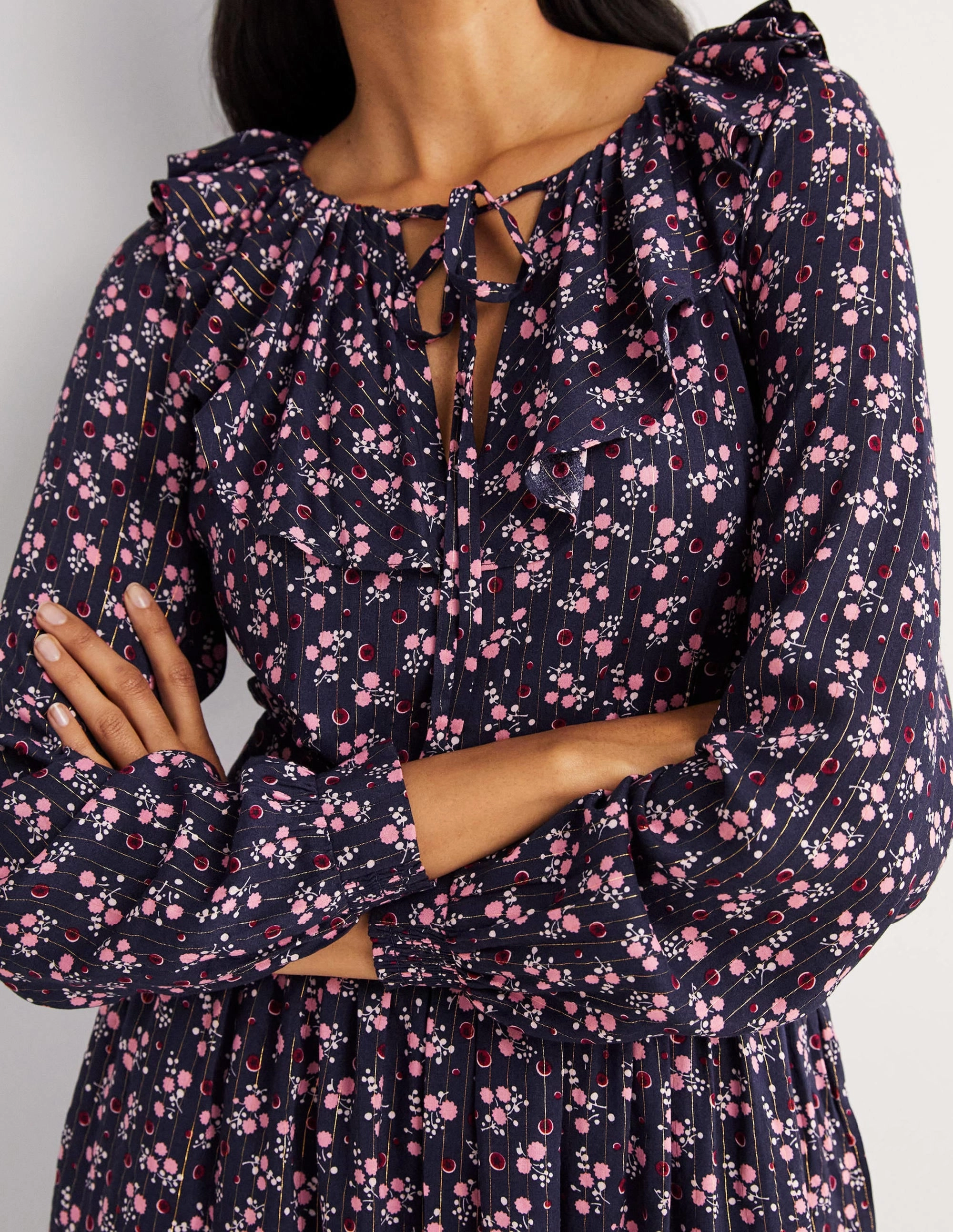 Elastic-Cuff Metallic Frill Detail Dress-Navy, Berry Sprig