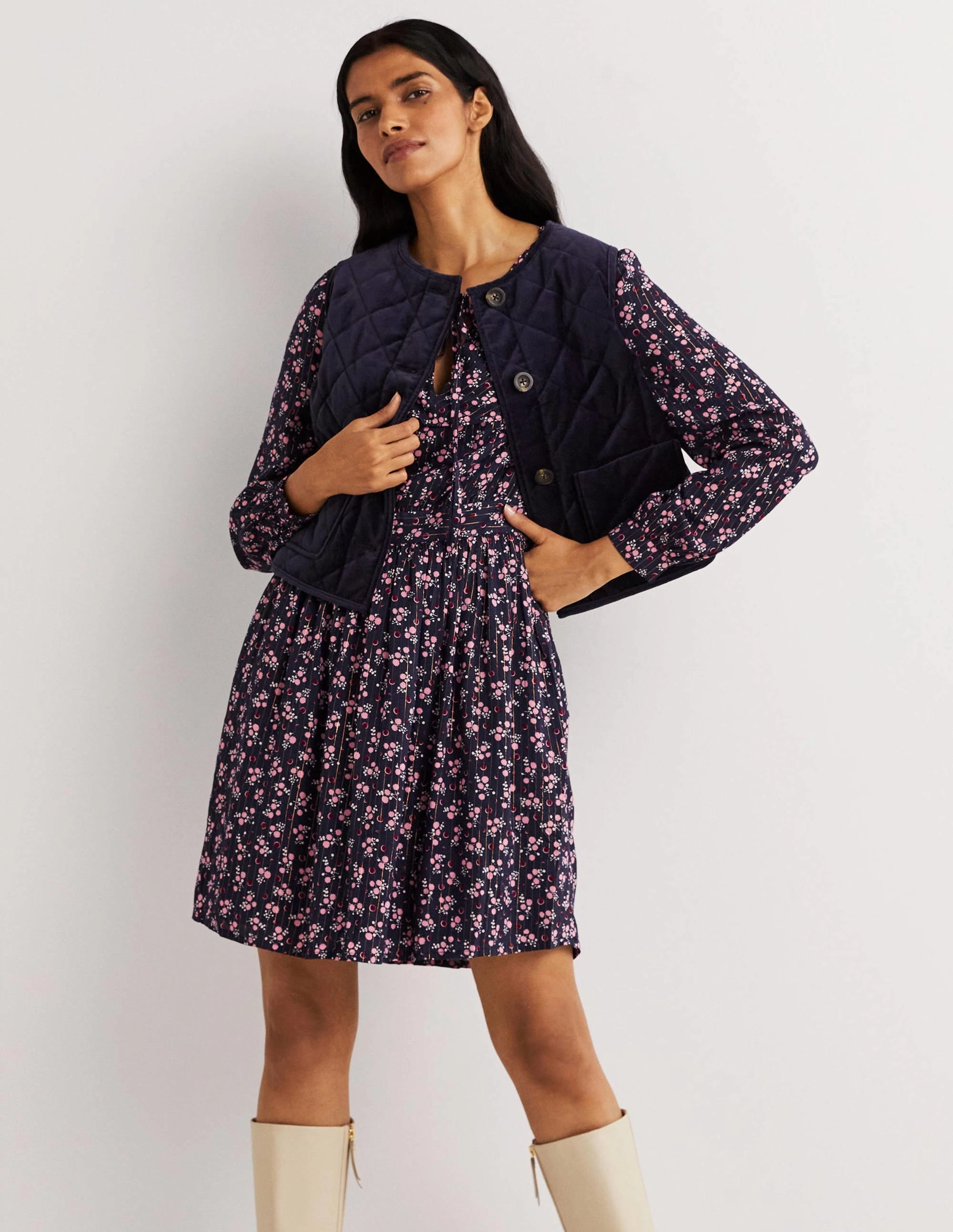 Metallic Frill Detail Dress-Navy, Berry Sprig Chic and Cozy