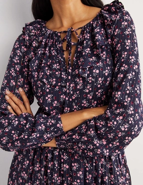 Elastic-Cuff Metallic Frill Detail Dress-Navy, Berry Sprig