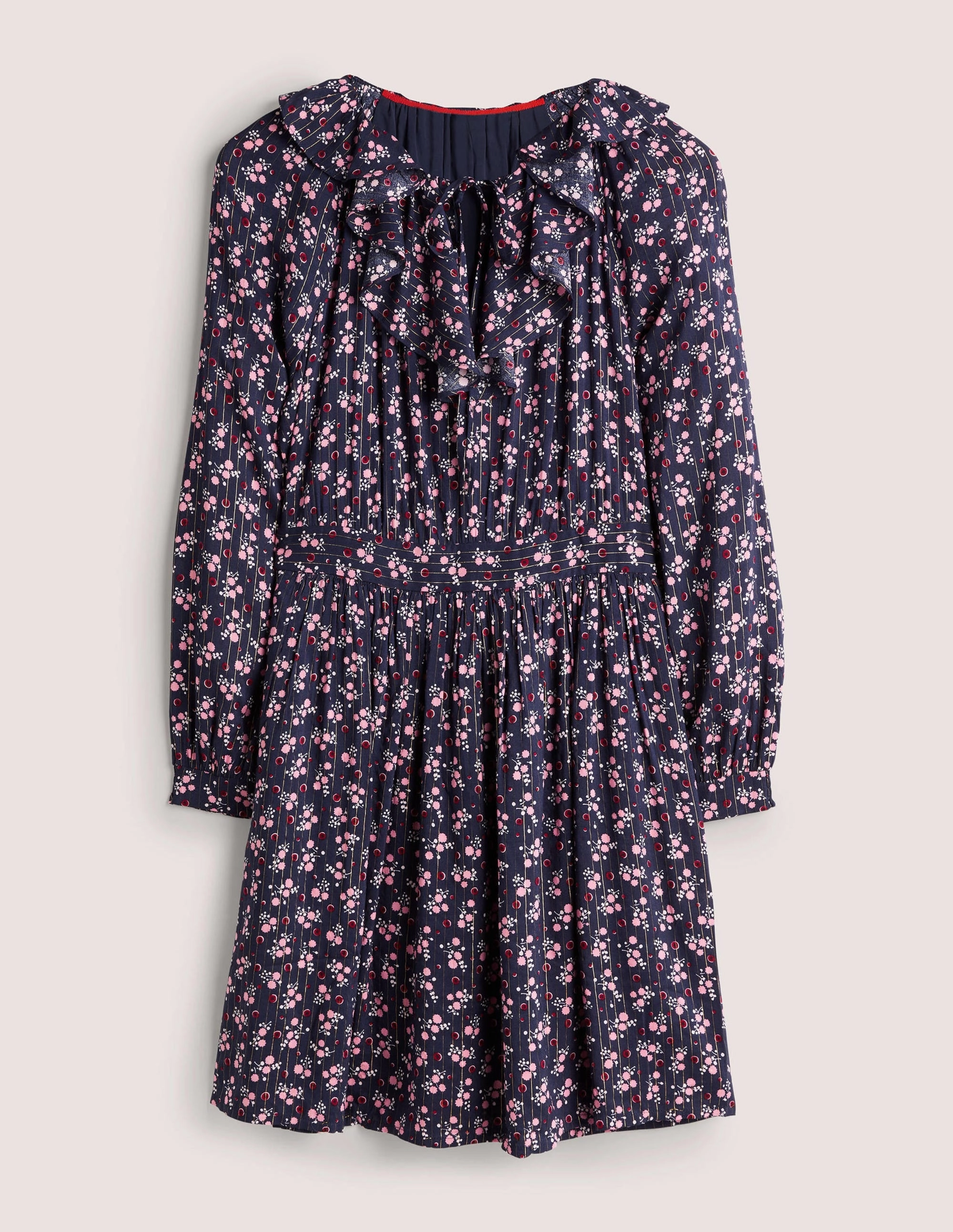 Metallic Frill Detail Dress-Navy, Berry Sprig Easy Movement Flowing Layers
