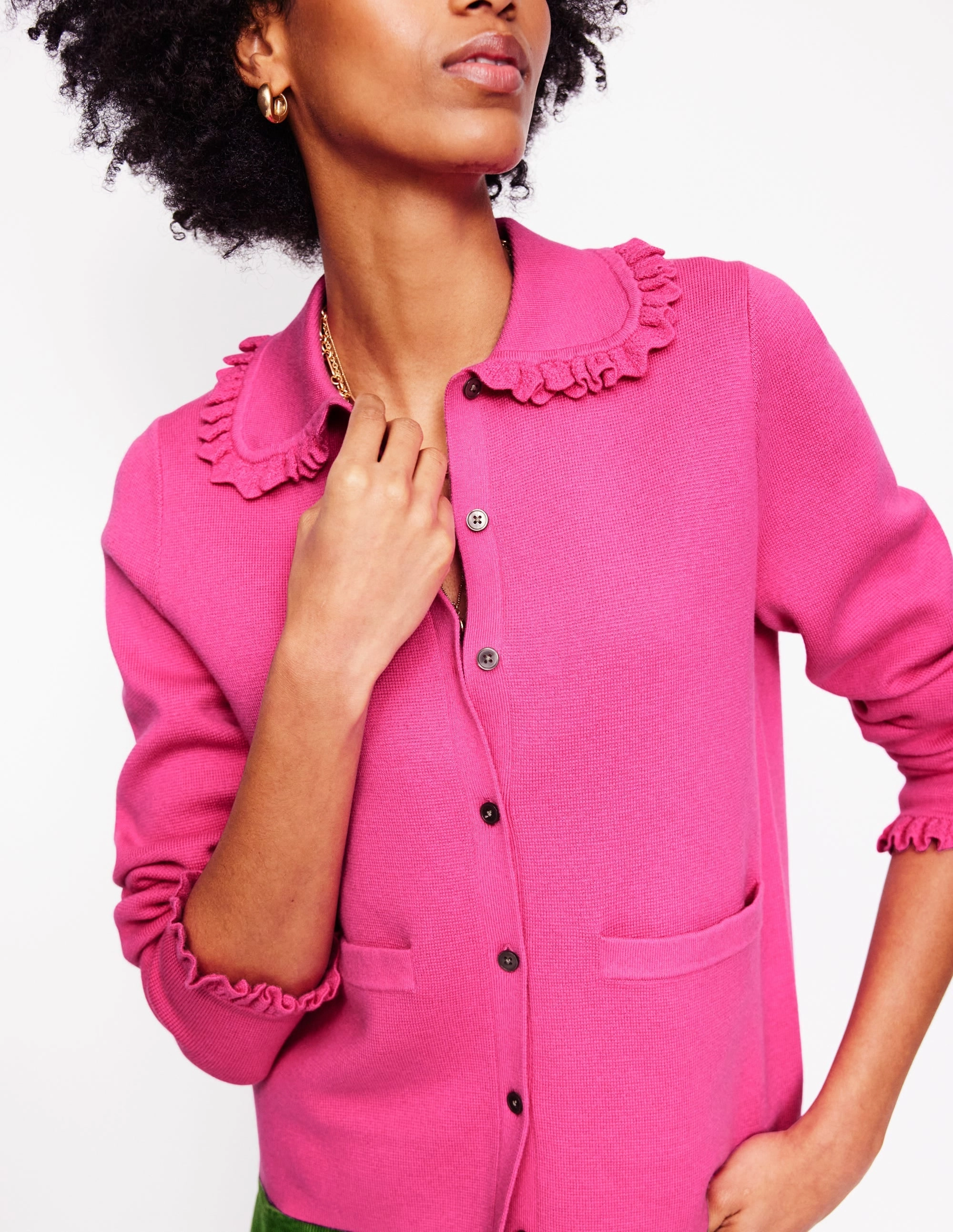 Jessie Frill Collared Cardigan-Sorbet Pink Loopwheel Construction