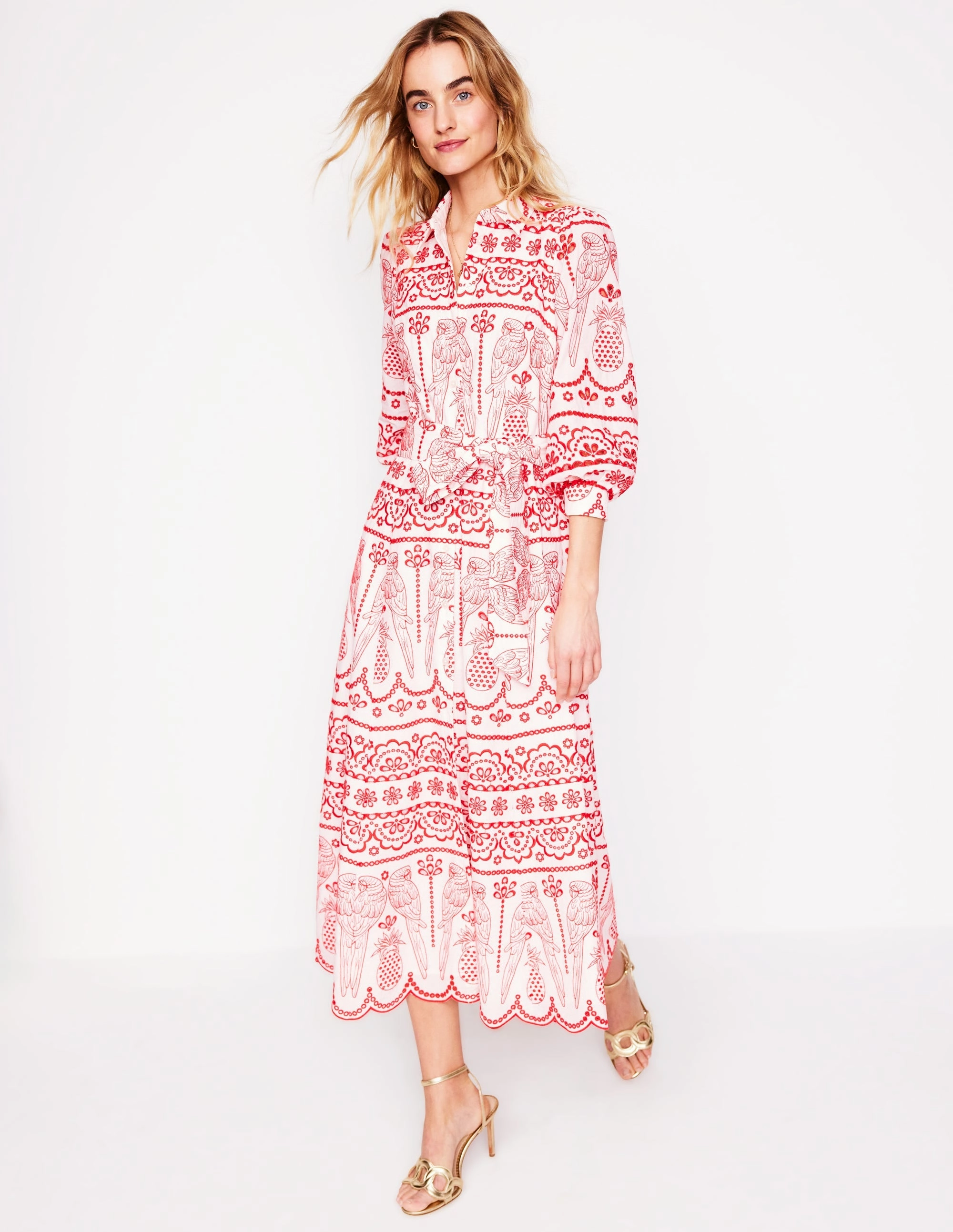 Clara Broderie Shirt Dress-Poppy Red, Parrot Broderie Elegant evening wear