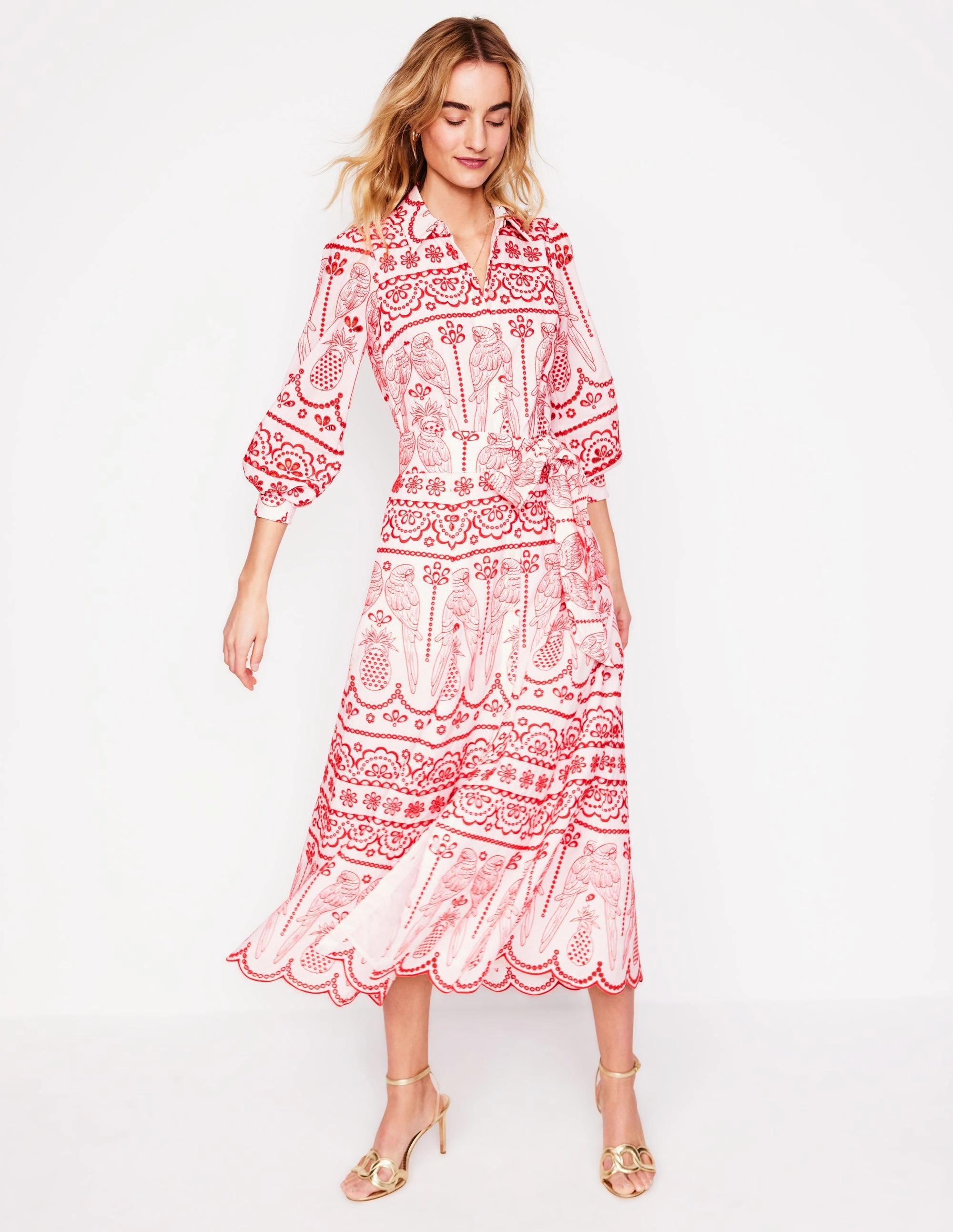 Clara Broderie Shirt Dress-Poppy Red, Parrot Broderie Evening Glow