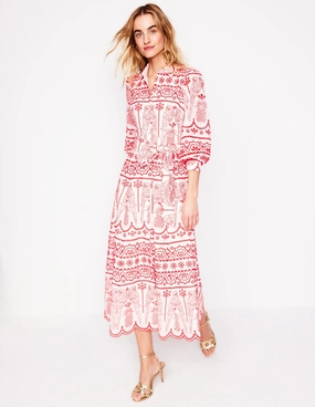 Clara Broderie Shirt Dress-Poppy Red, Parrot Broderie Elegant evening wear