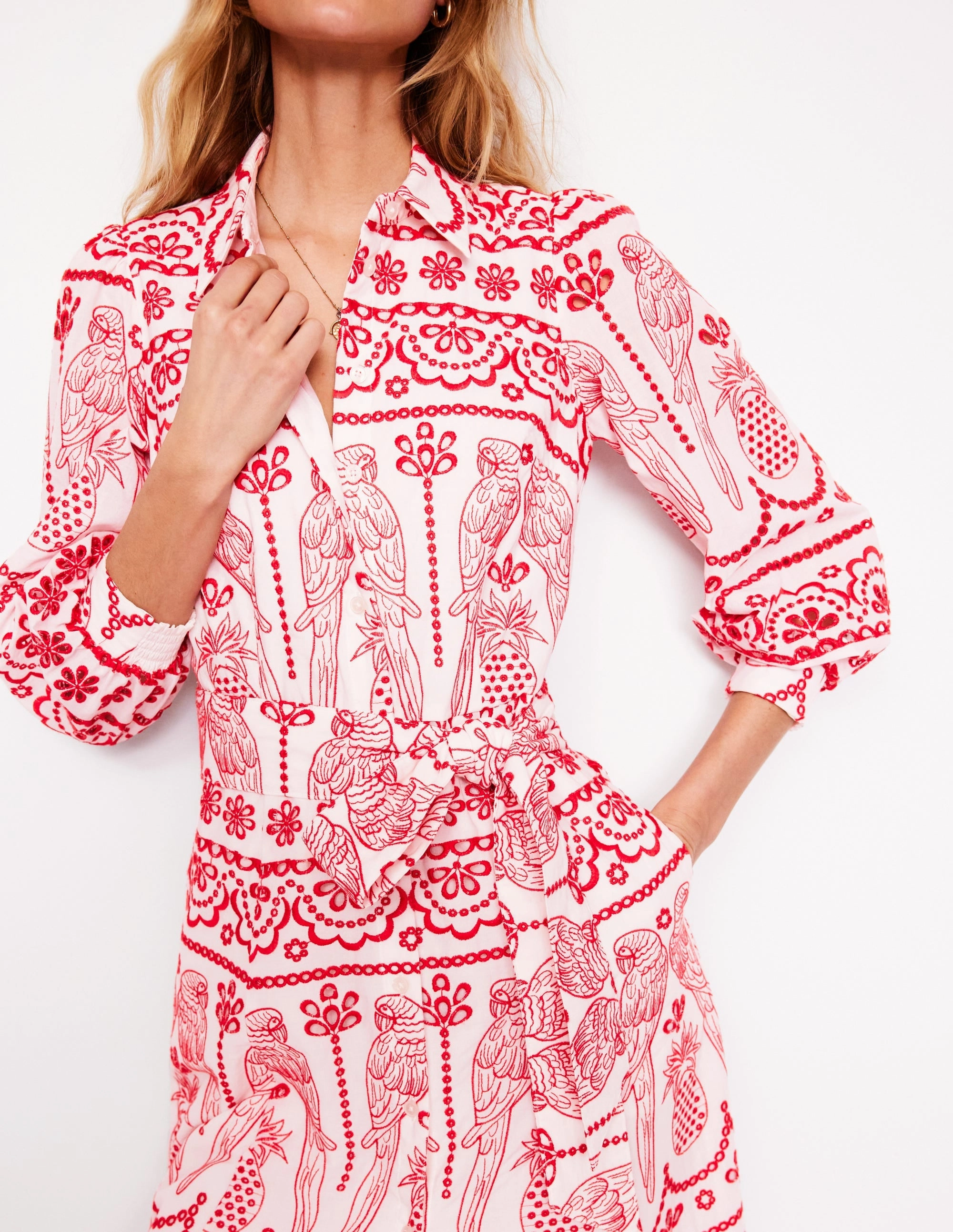 Clara Broderie Shirt Dress-Poppy Red, Parrot Broderie Tassel-Detail Lounge Cut