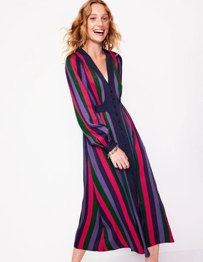 tailored look Soft Waist Colourblock V Neck Midi Dress-Pine and Ameythyst Stripe