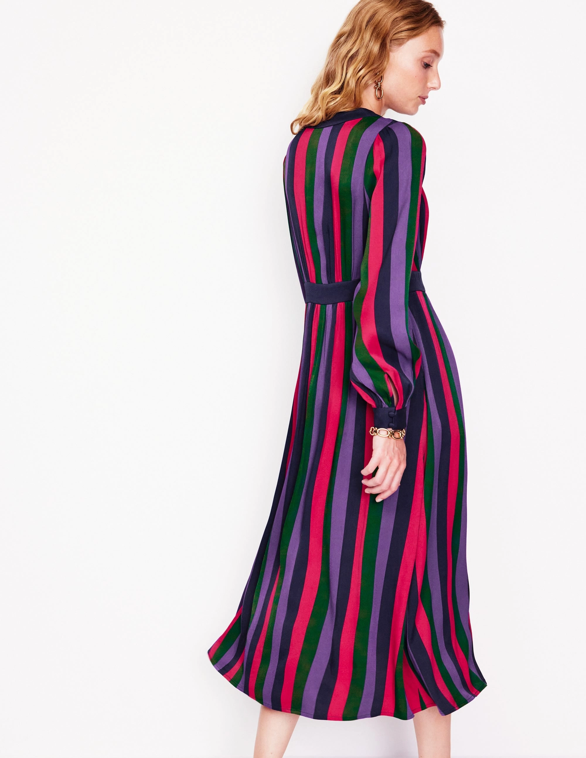 Colourblock V Neck Midi Dress-Pine and Ameythyst Stripe Festive Wear Polished office dress