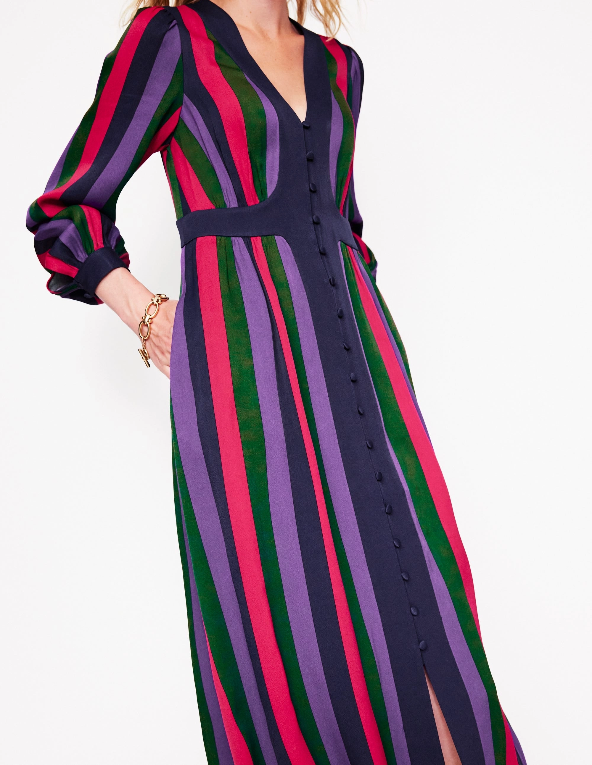 Colourblock V Neck Midi Dress-Pine and Ameythyst Stripe Layered Fit