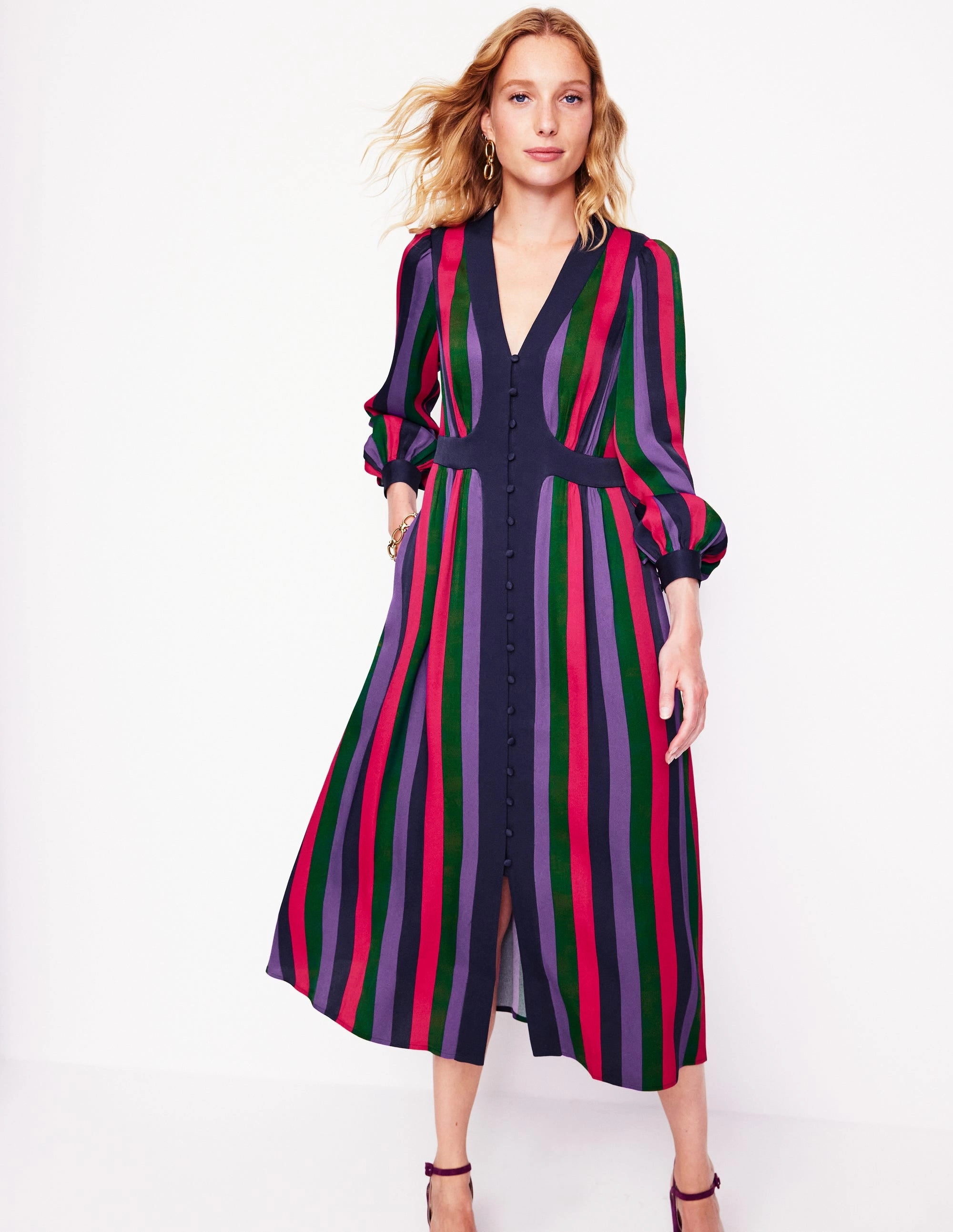 Colourblock V Neck Midi Dress-Pine and Ameythyst Stripe Regular-fit Work Appropriate