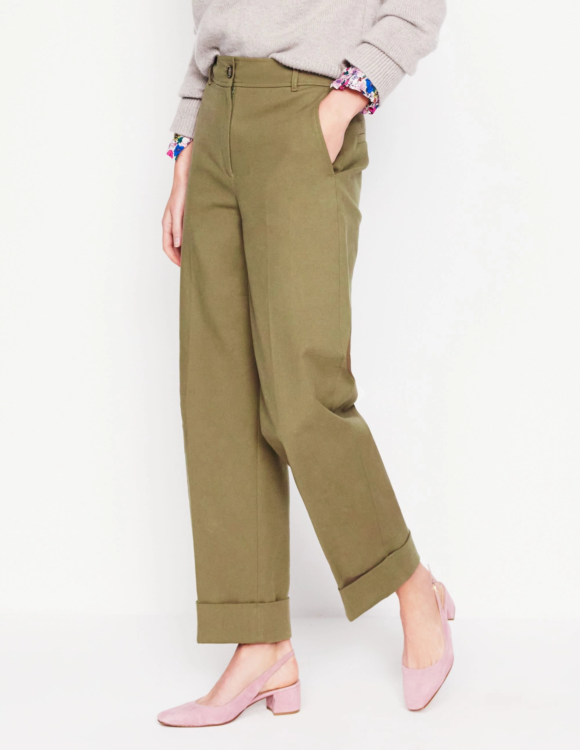 Turn Up Trousers-Warm Olive Roll-up style No Gap Waistband