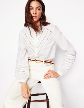 Lightweight Shirt Lace Trim Cotton Blouse-White