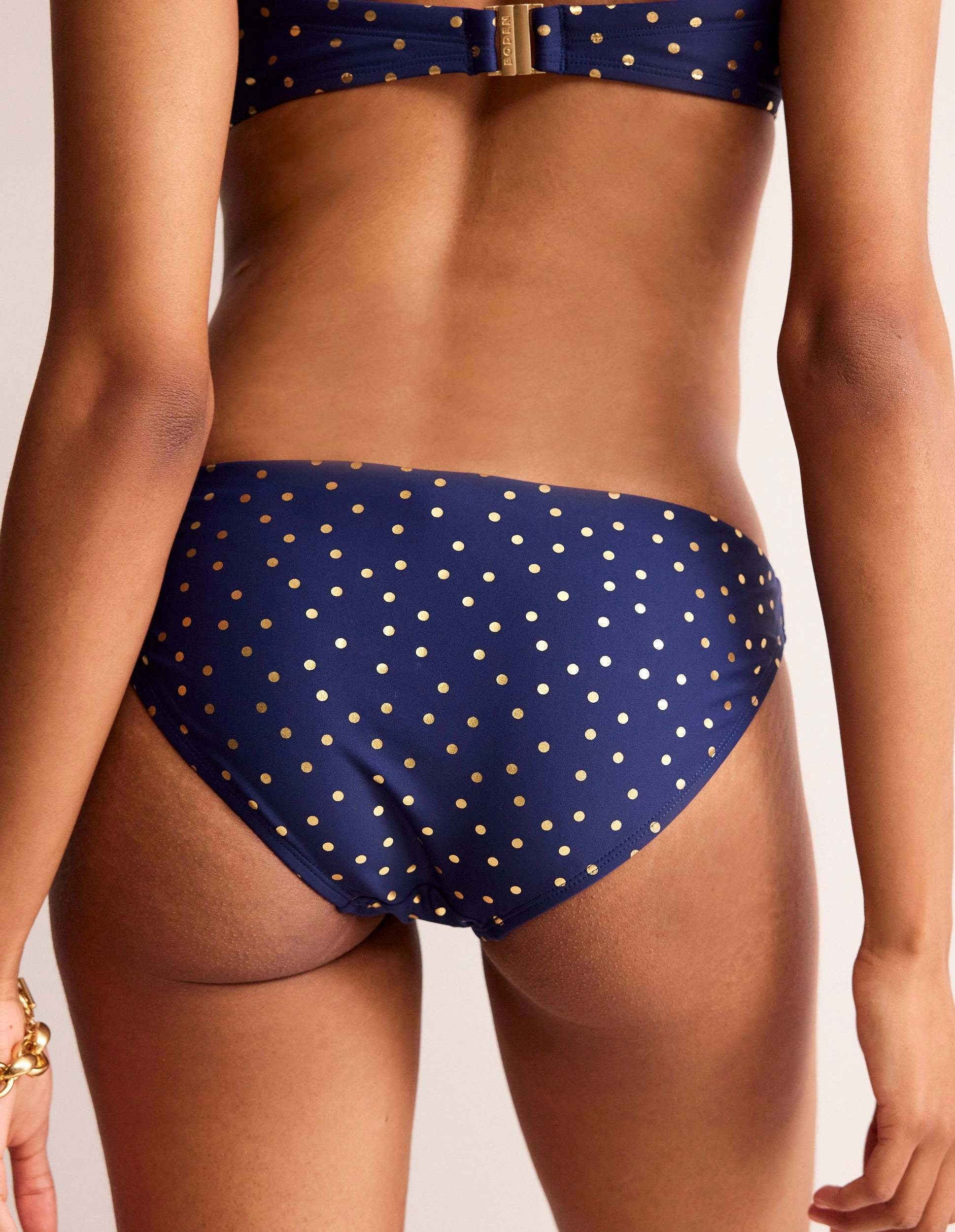 Classic Bikini Bottoms-Navy Foil Spot Twist Front Detailing