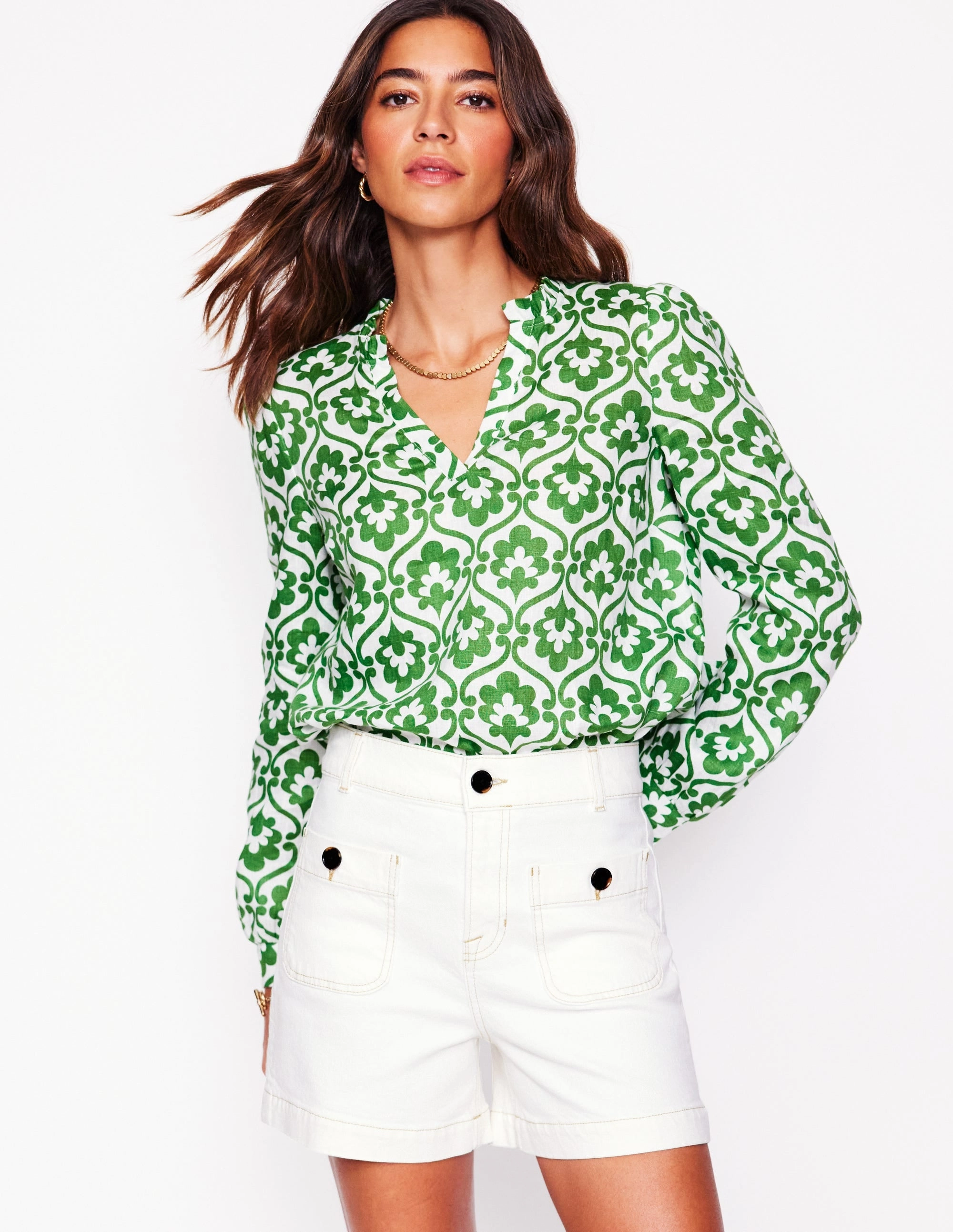 Grace Linen Top-Paradise Green, Ivy Trellis Chic Look Reinforced Shoulder