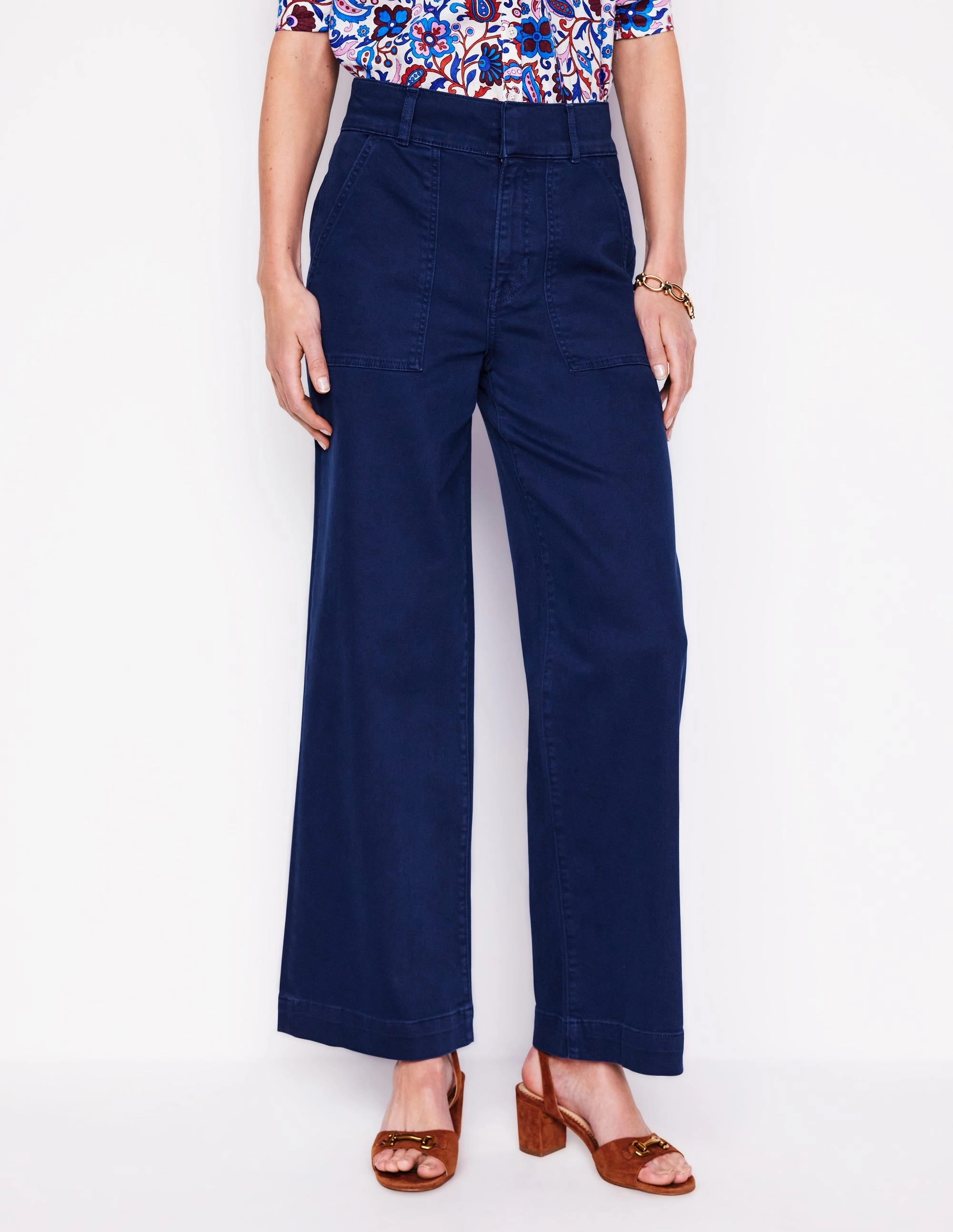 Wide Leg Cargo Trousers-Navy Durable Seam Construction Boho chic