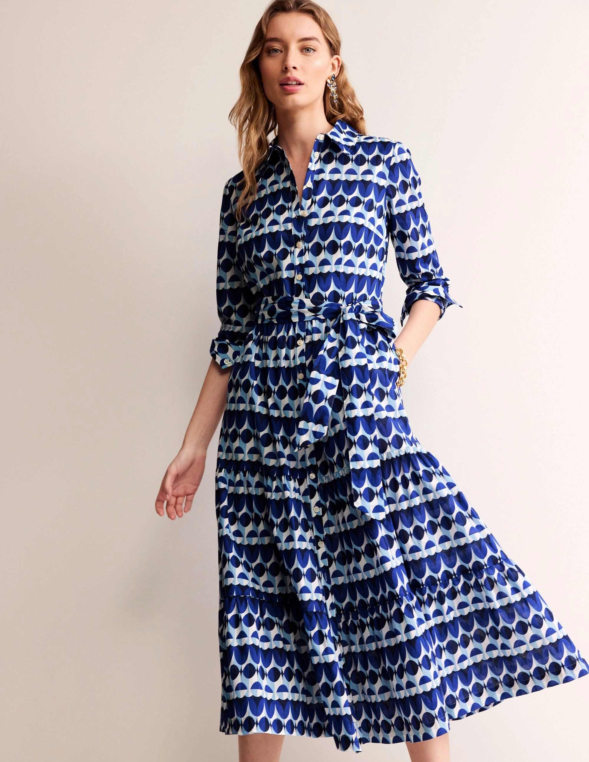 Warm Soft Flo Cotton Midi Shirt Dress-Blue, Abstract Illusion
