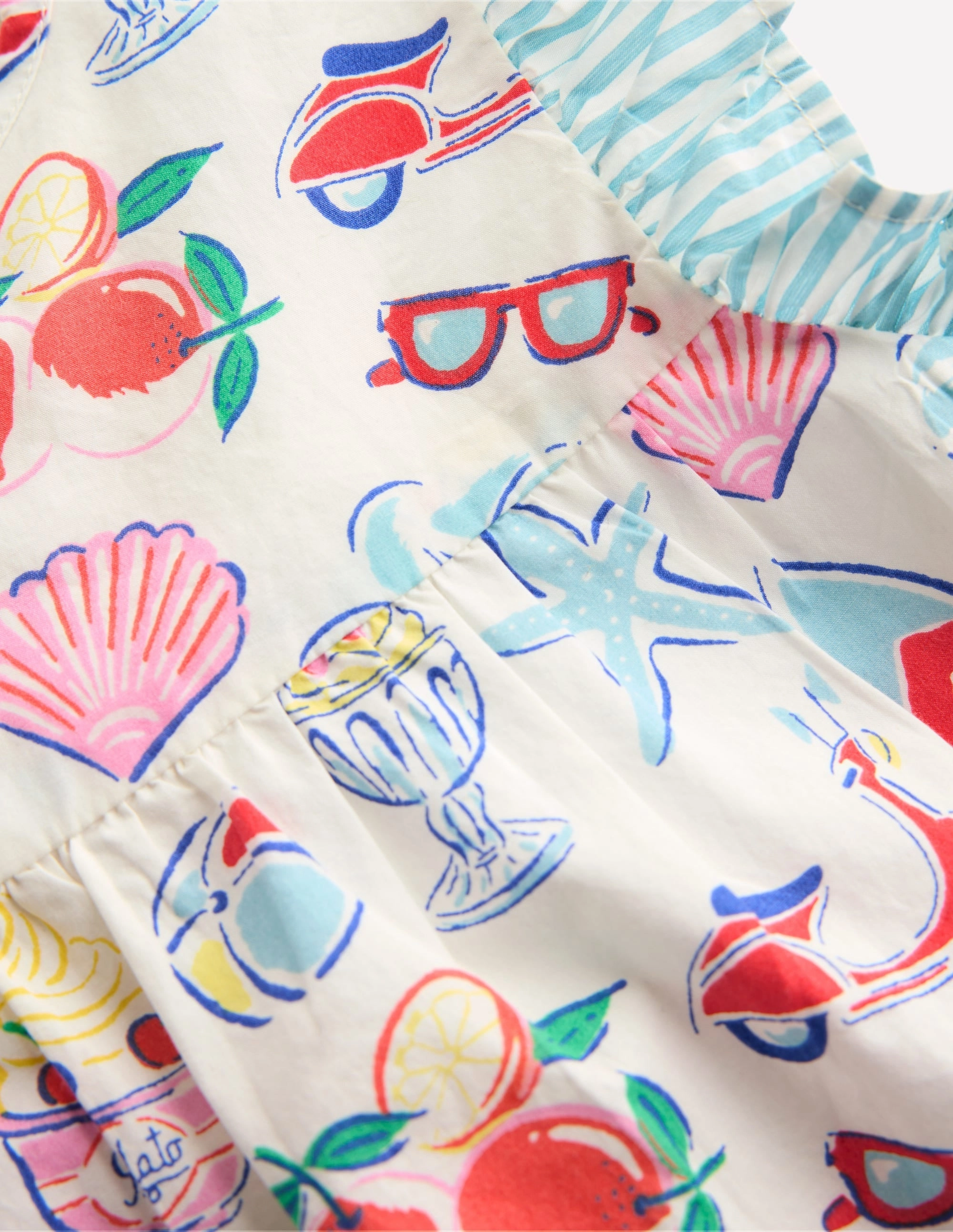 Frill Sleeve Woven Top-Ivory Holiday Print Anti Static Treatment Simple Wear