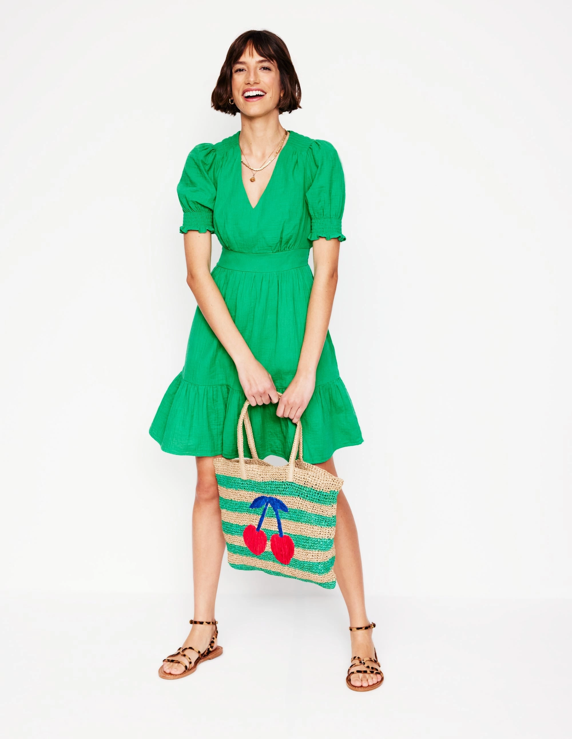 Anna Double Cloth Short Dress-Bright Green Classic structured dress
