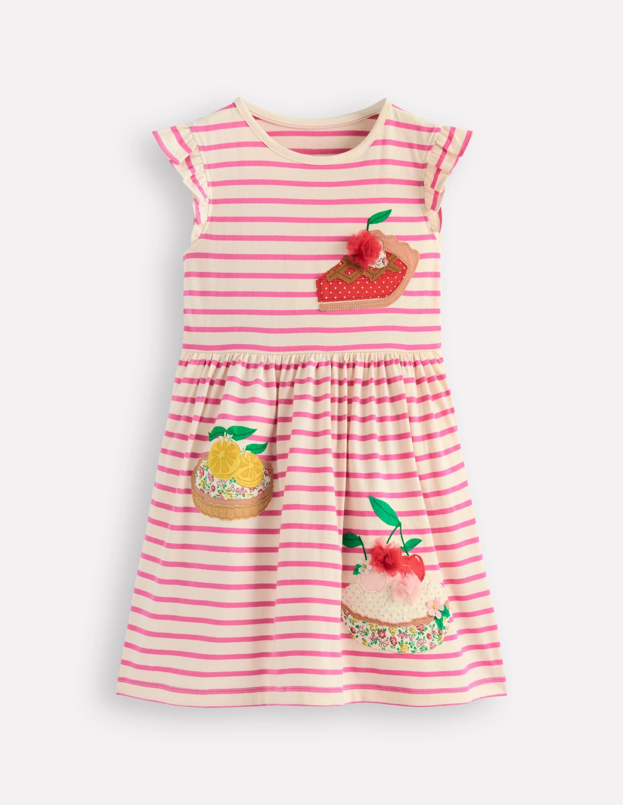 Flutter Sleeve Appliqu?? Dress-Pink Stripe Cakes Jewel Accent