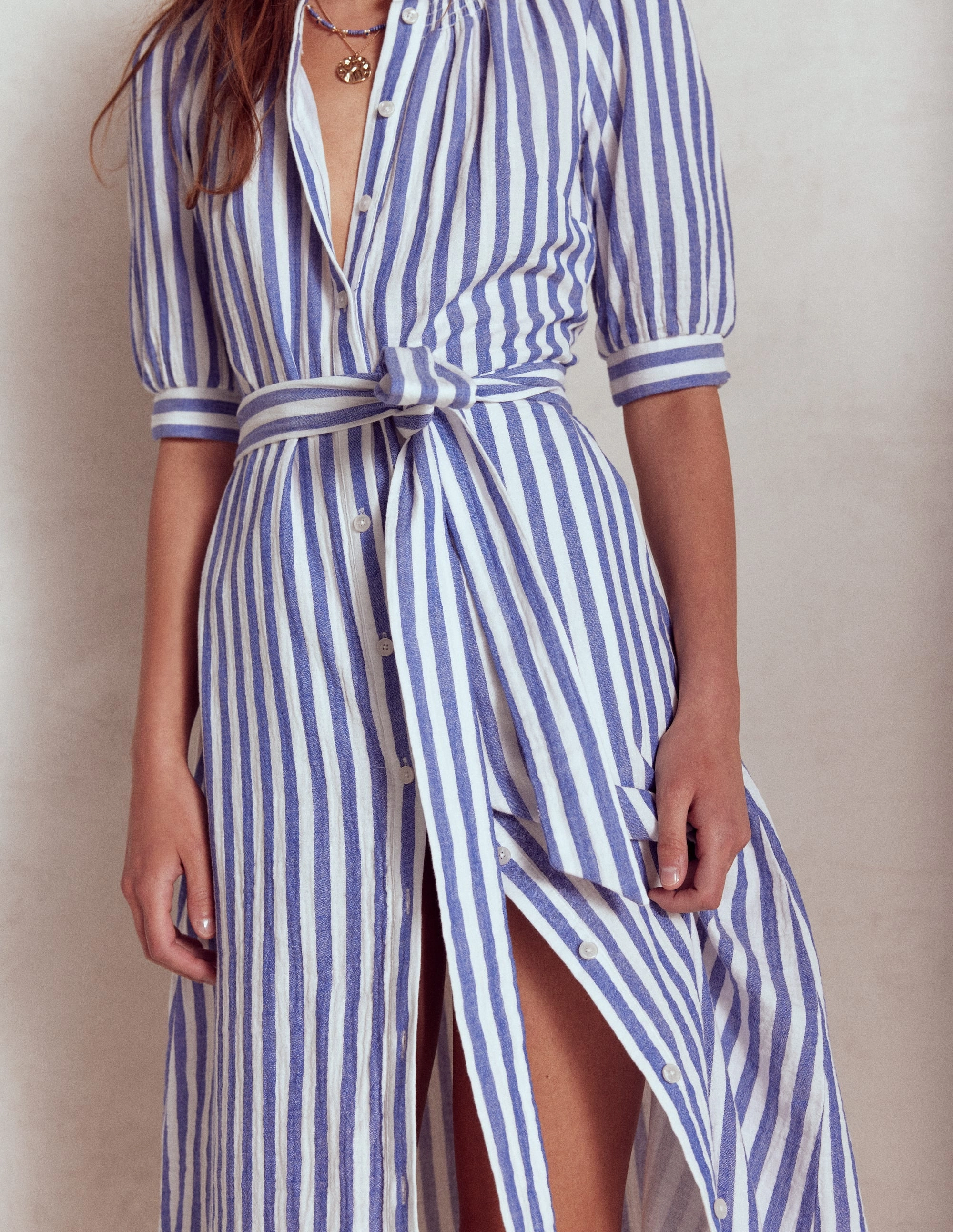 Soft And Comfortable Ada Double Cloth Midi Dress-Bright Blue Stripe