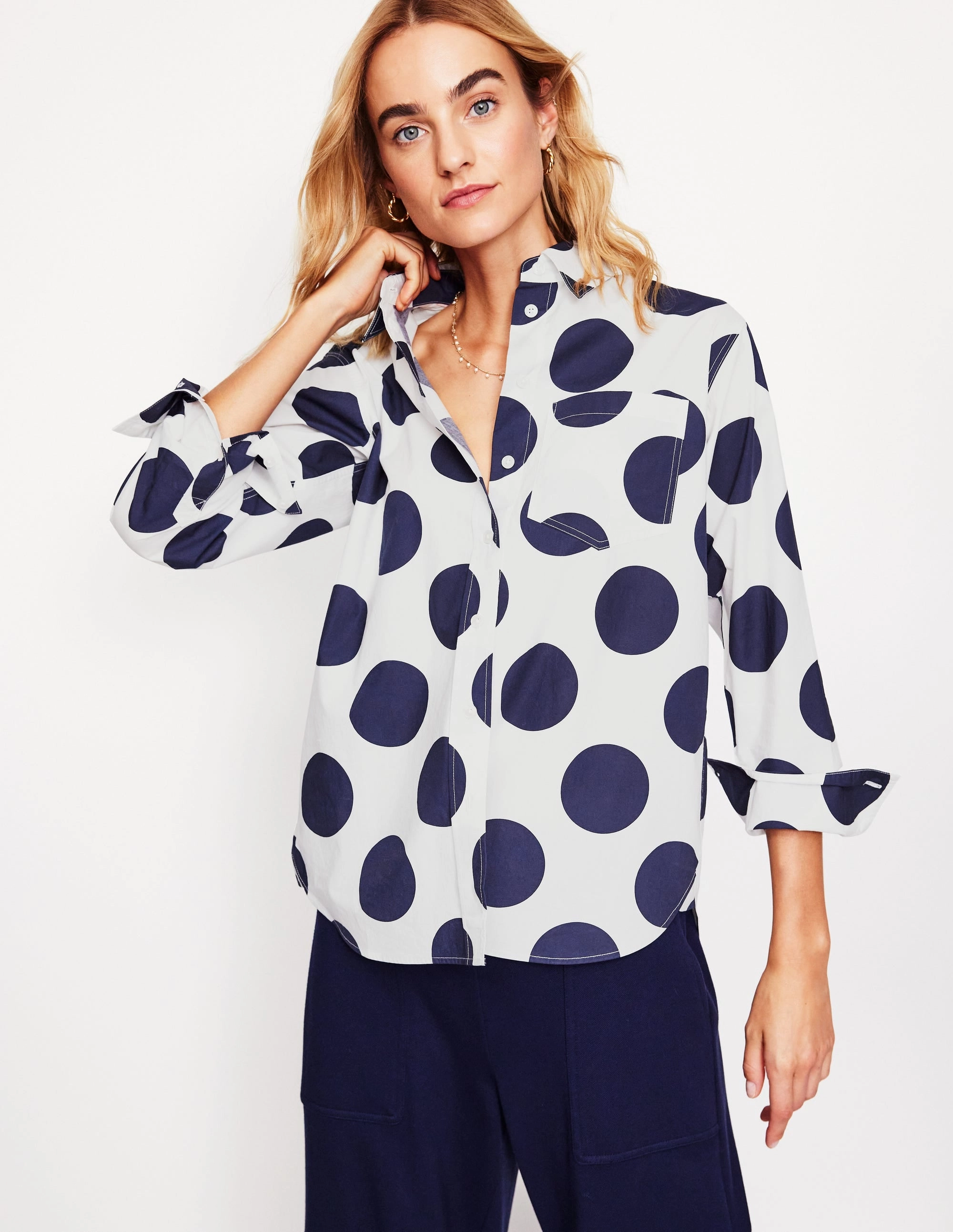 Silk combination Connie Relaxed Cotton Shirt-French Navy, Orderly Spot