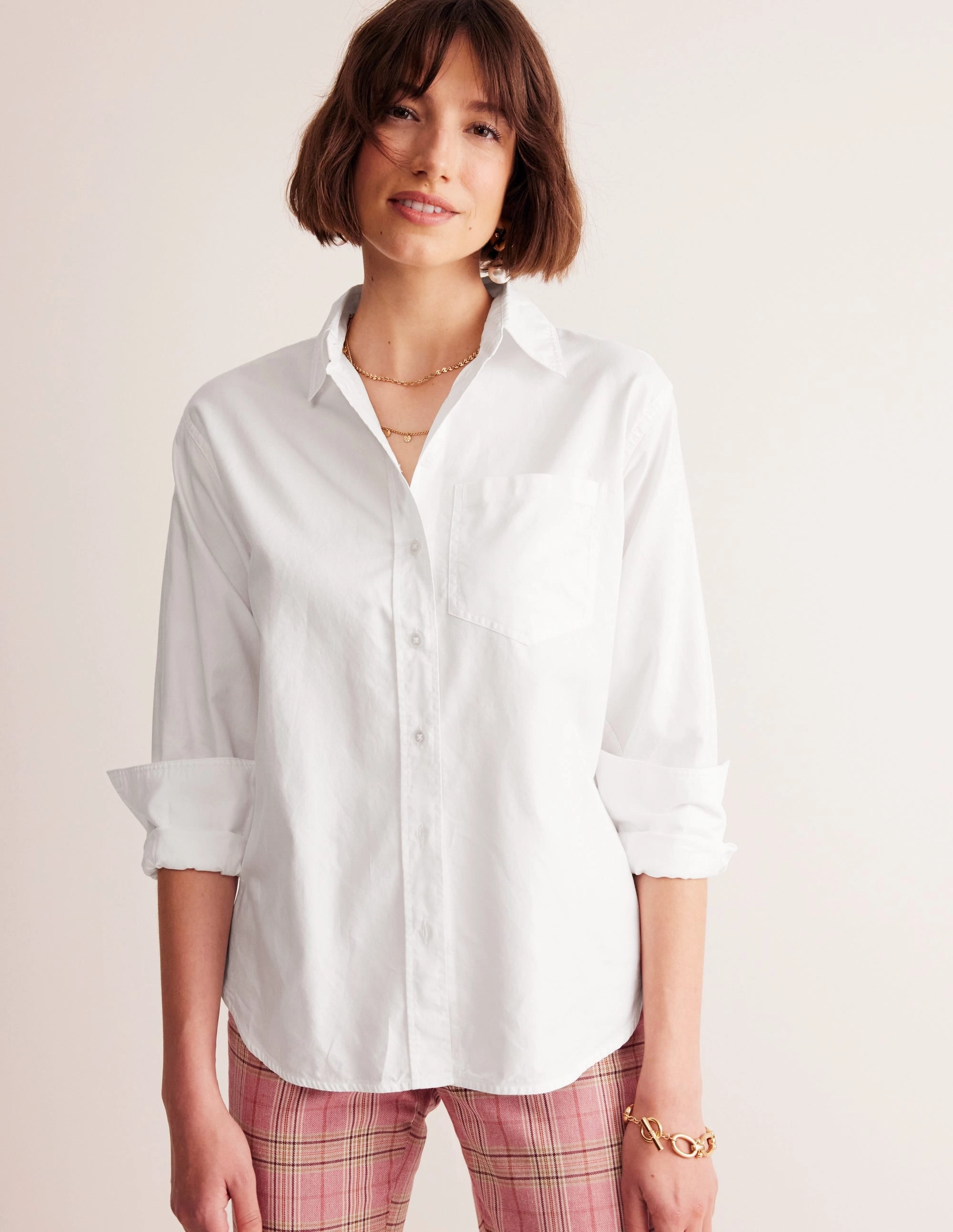 Connie Relaxed Cotton Shirt-White Simple Fashion Ribbed Collar Design