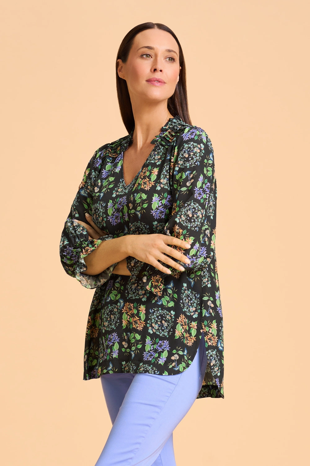 Anti Odor Treatment Printed Frill Detail Tunic - Butterfly Garden