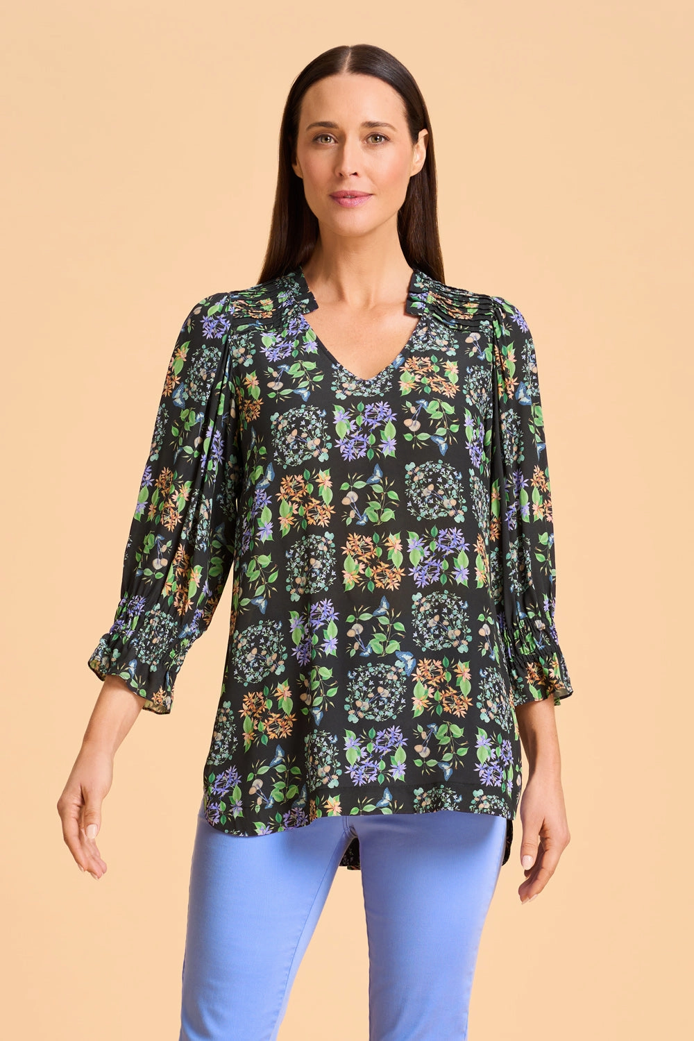 Multi Panel Design Breathable Microfiber Printed Frill Detail Tunic - Butterfly Garden