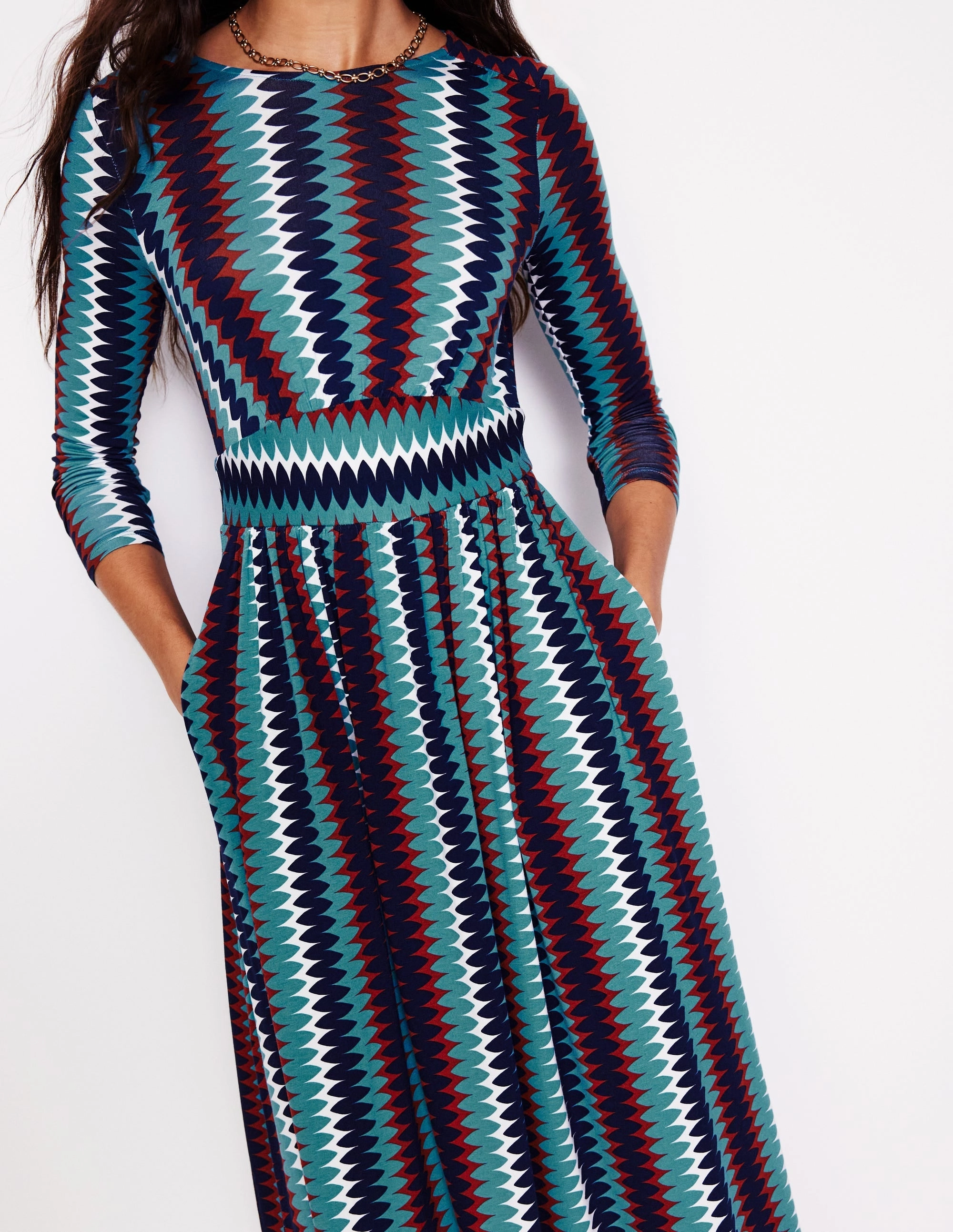 Thea Long Sleeve Jersey Dress-Multi, Chevron Charm Soft Draping Simple Ease