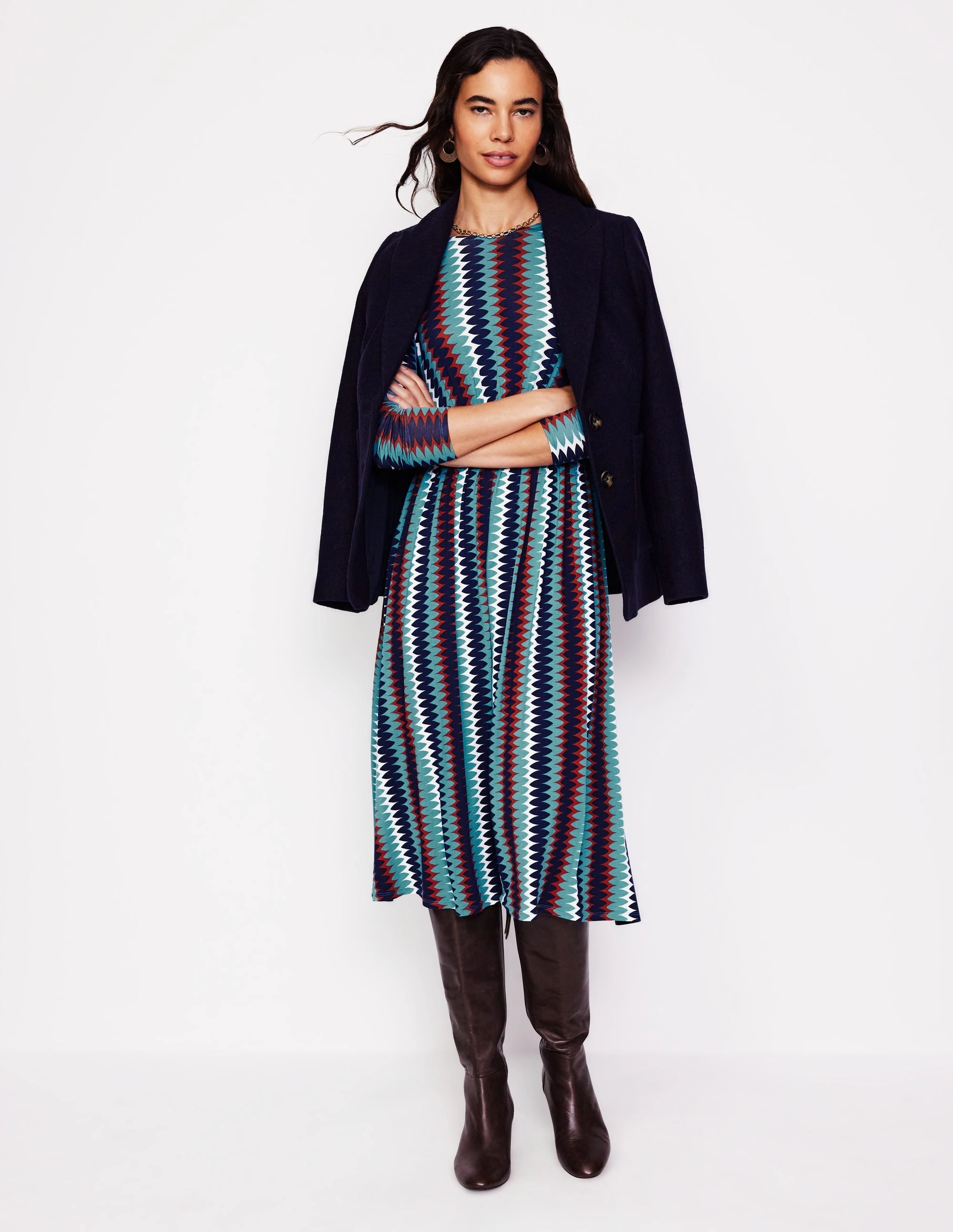 Thea Long Sleeve Jersey Dress-Multi, Chevron Charm Ruffle-Detail Practical-Style